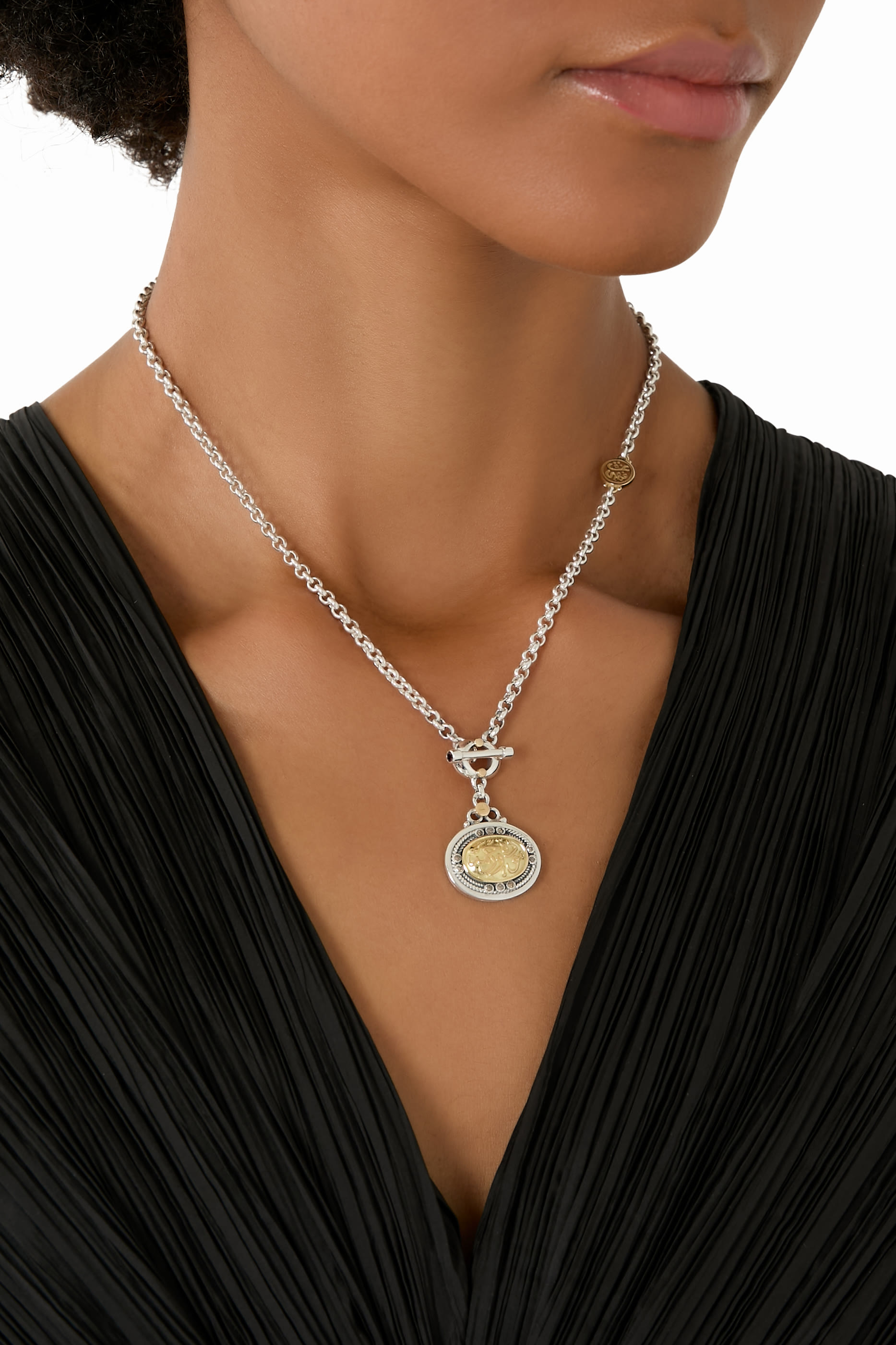 T-Lock Calligraphy Necklace, 18k Yellow Gold & Sterling Silver with Garnet & Diamonds