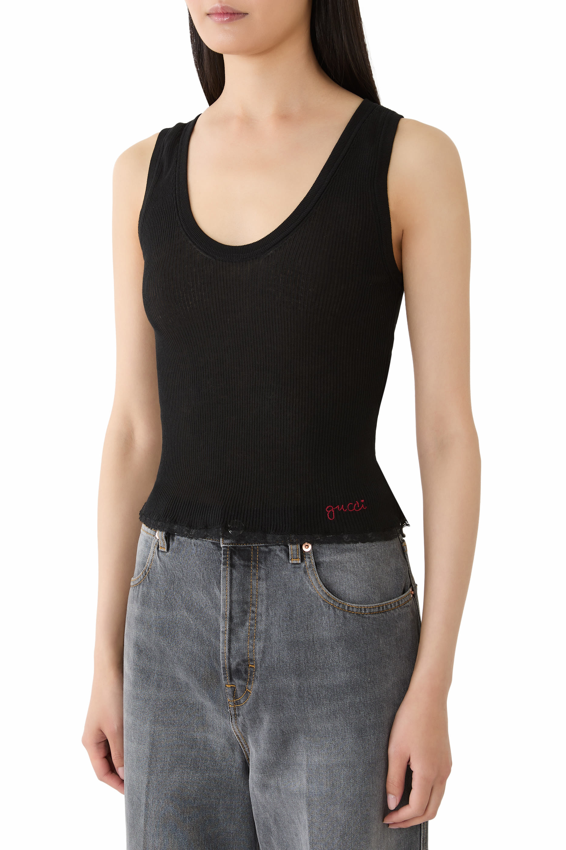  Cotton Rib Tank Top with Embroidery