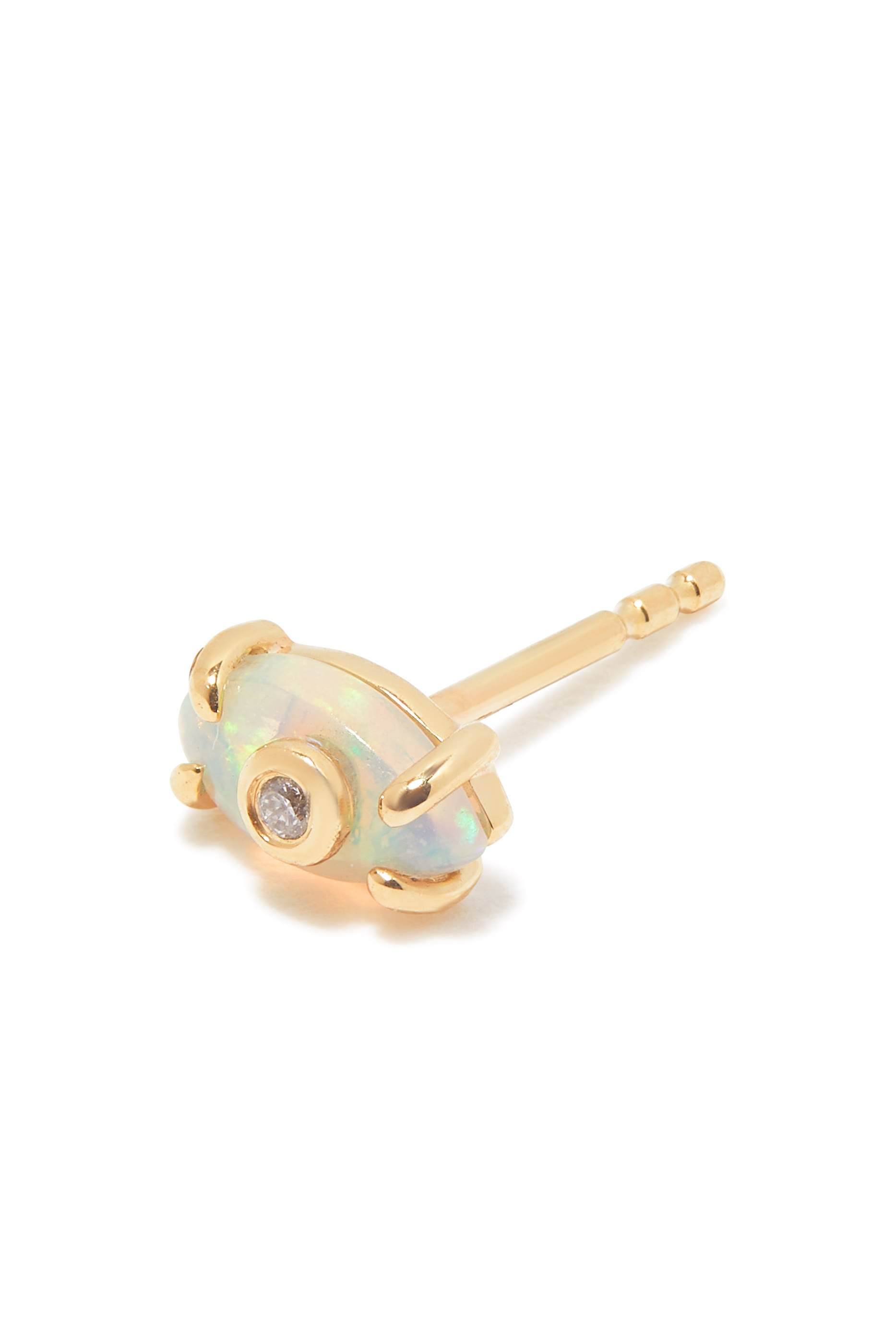 Tiny Carved Stone Evil Eye Single Stud Earring, 14k Yellow Gold, Opal & Diamond