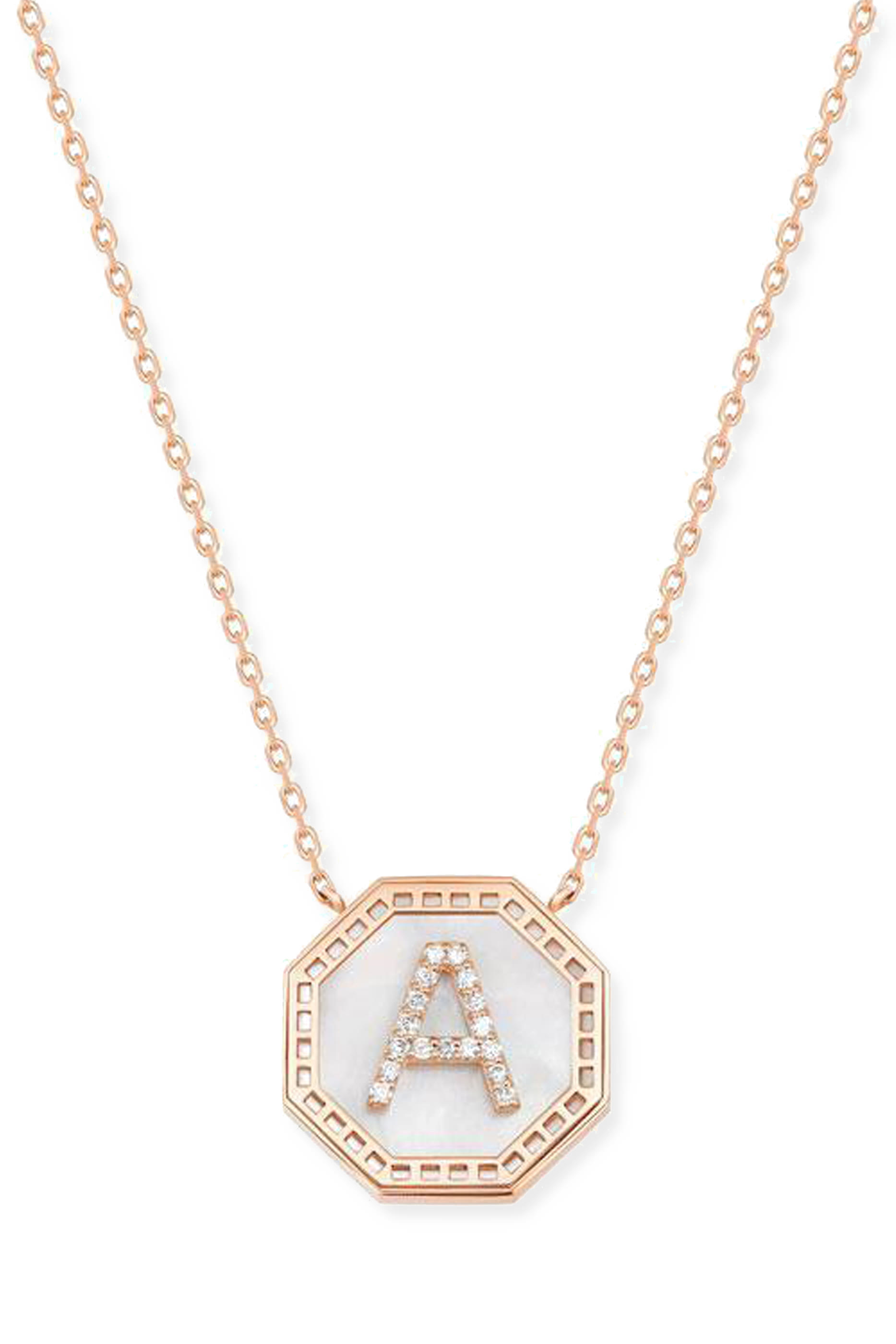 Harf Turath Letter A Pendant Necklace, 18k Rose Gold, Diamonds & Mother of Pearl