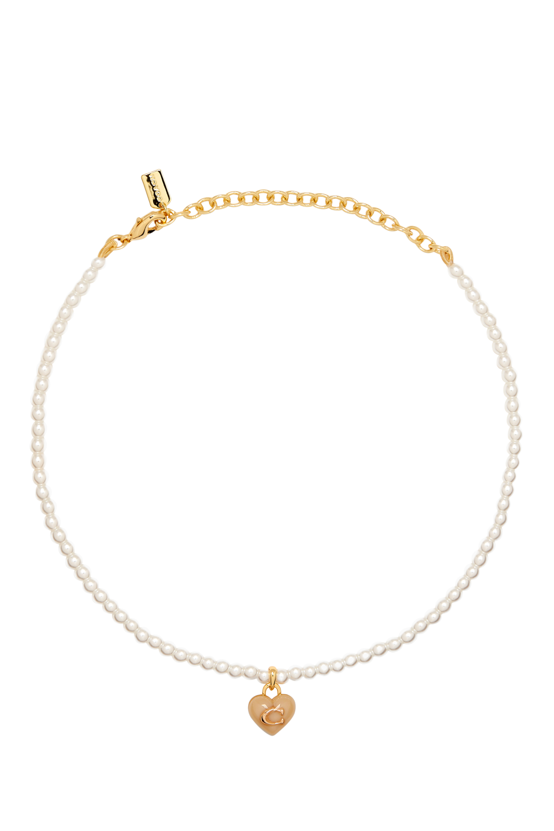 Heart Pearl Choker Necklace, Plated Brass, Glass & Cubic Zirconia, Resin