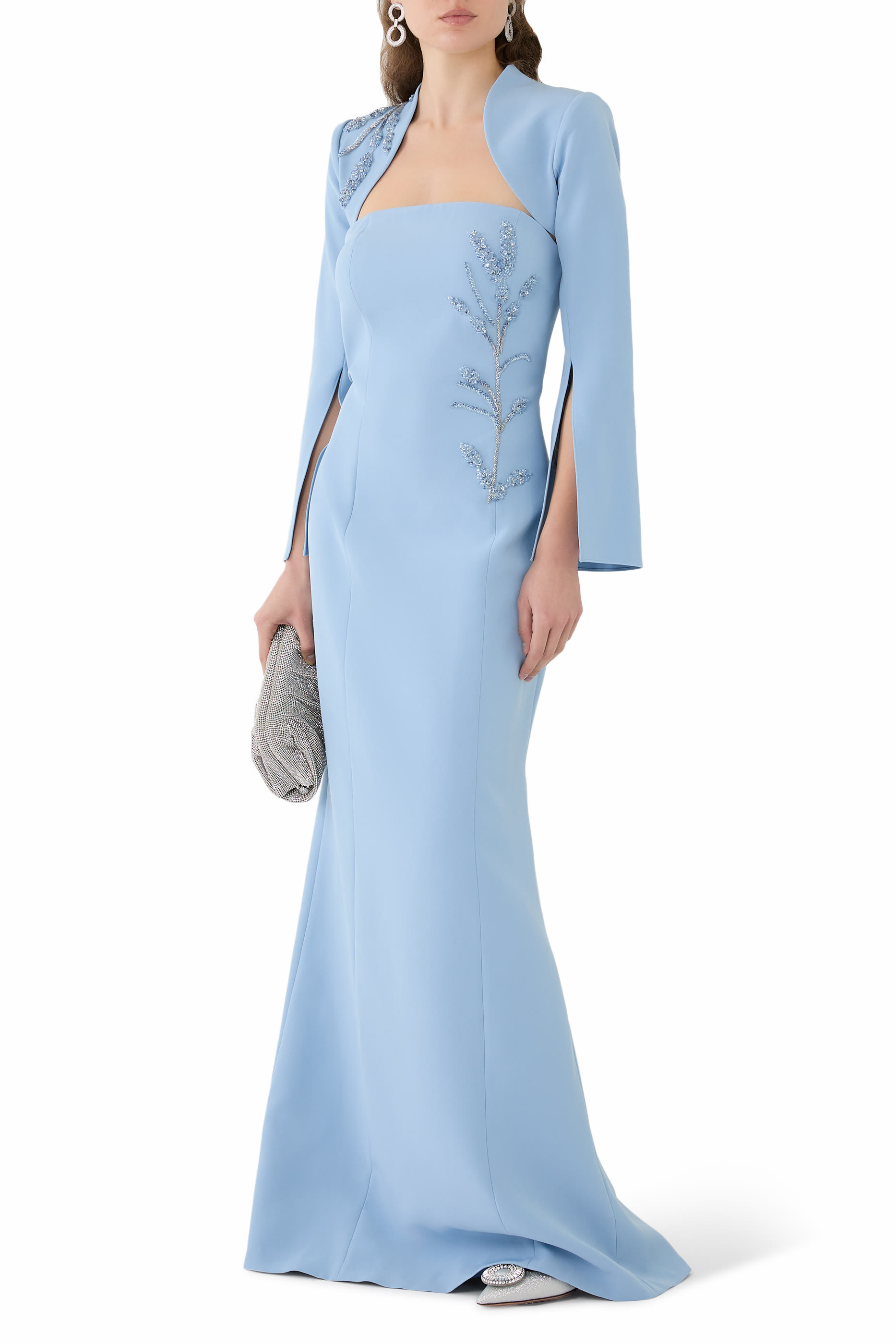 Crepe Bead Trim Bolero and Strapless Gown