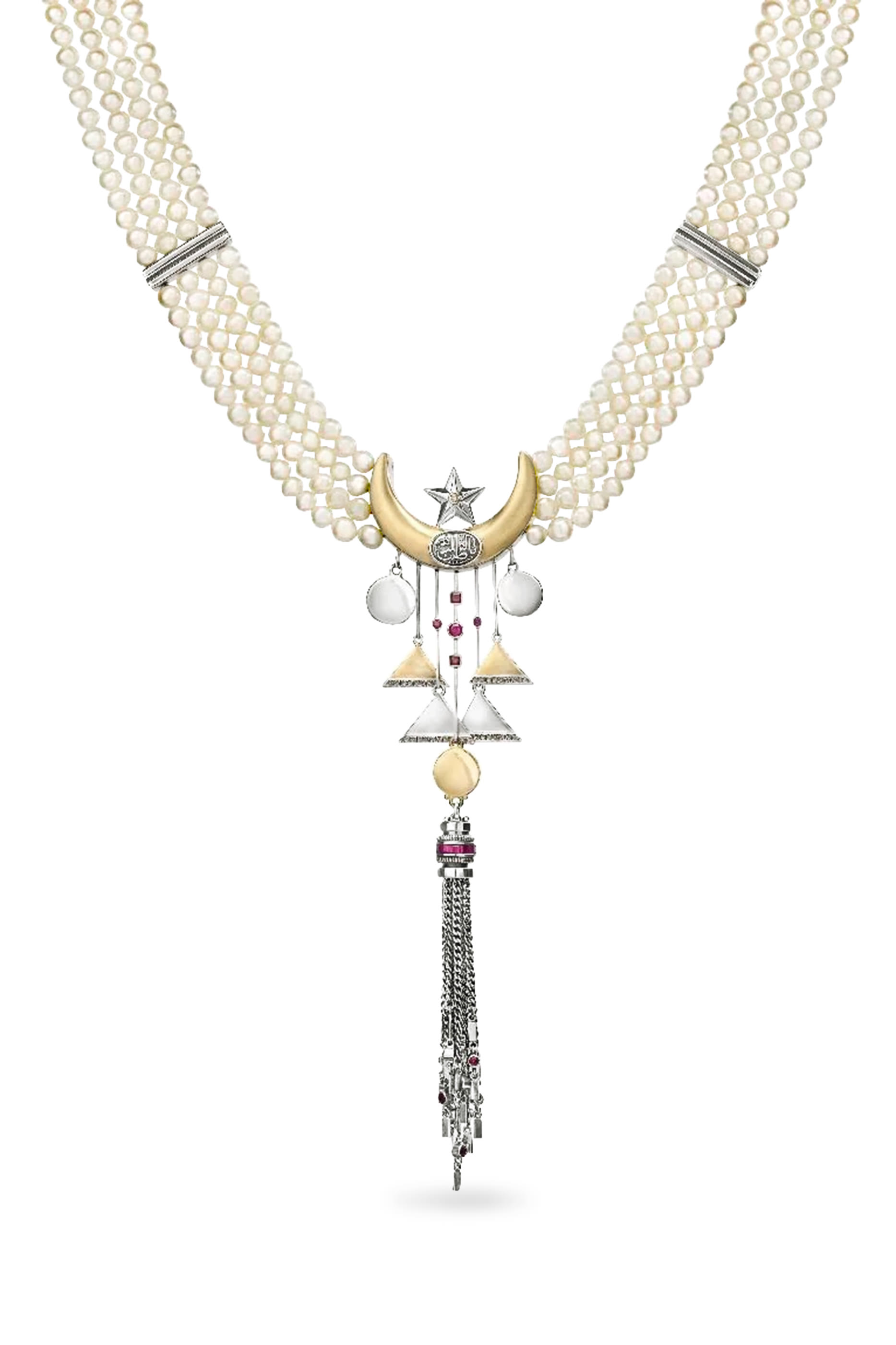 Beaded Crescent Necklace, 18K Gold with Sterling Silver & Pearls