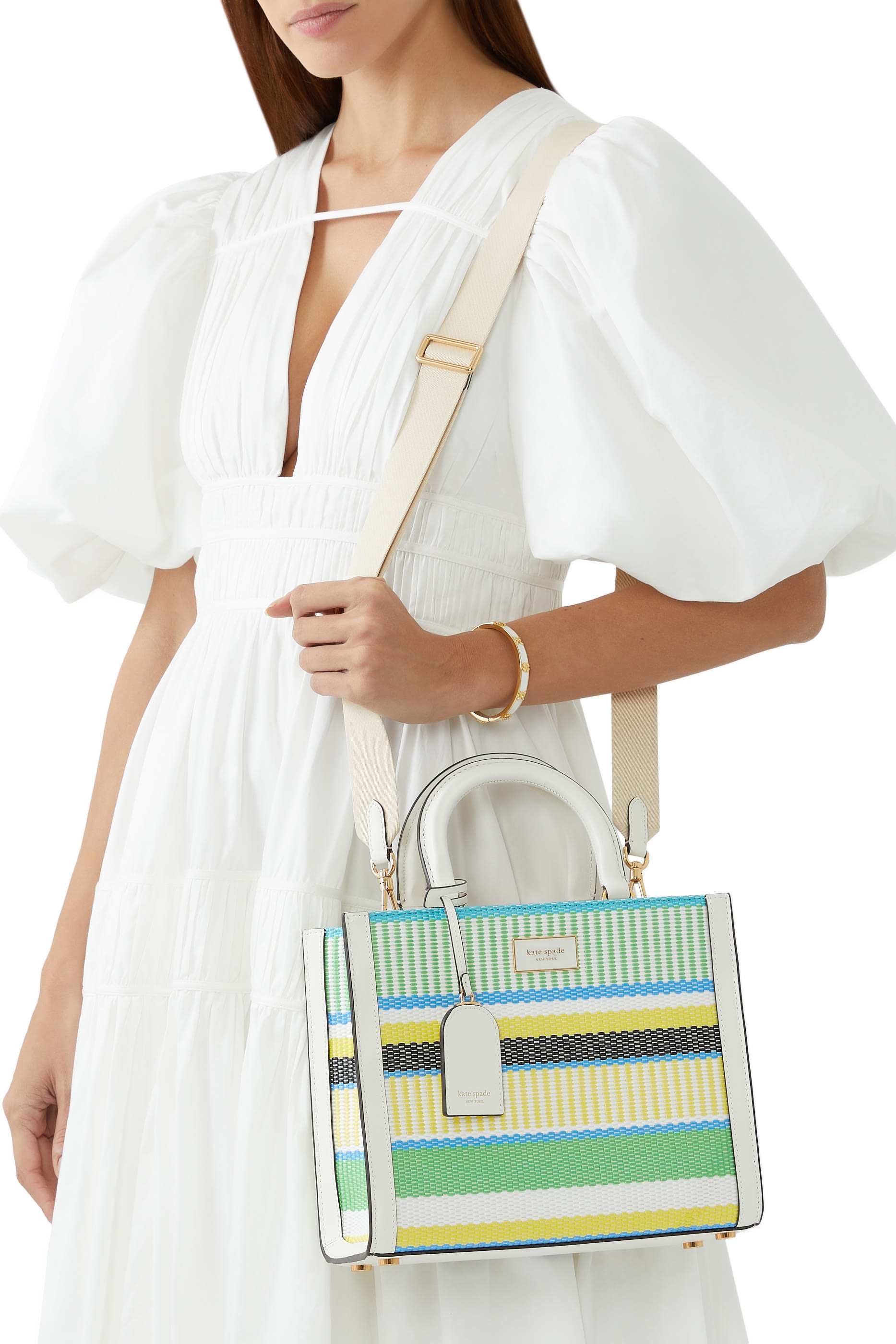 Manhattan Striped Woven Straw Small Tote Bag