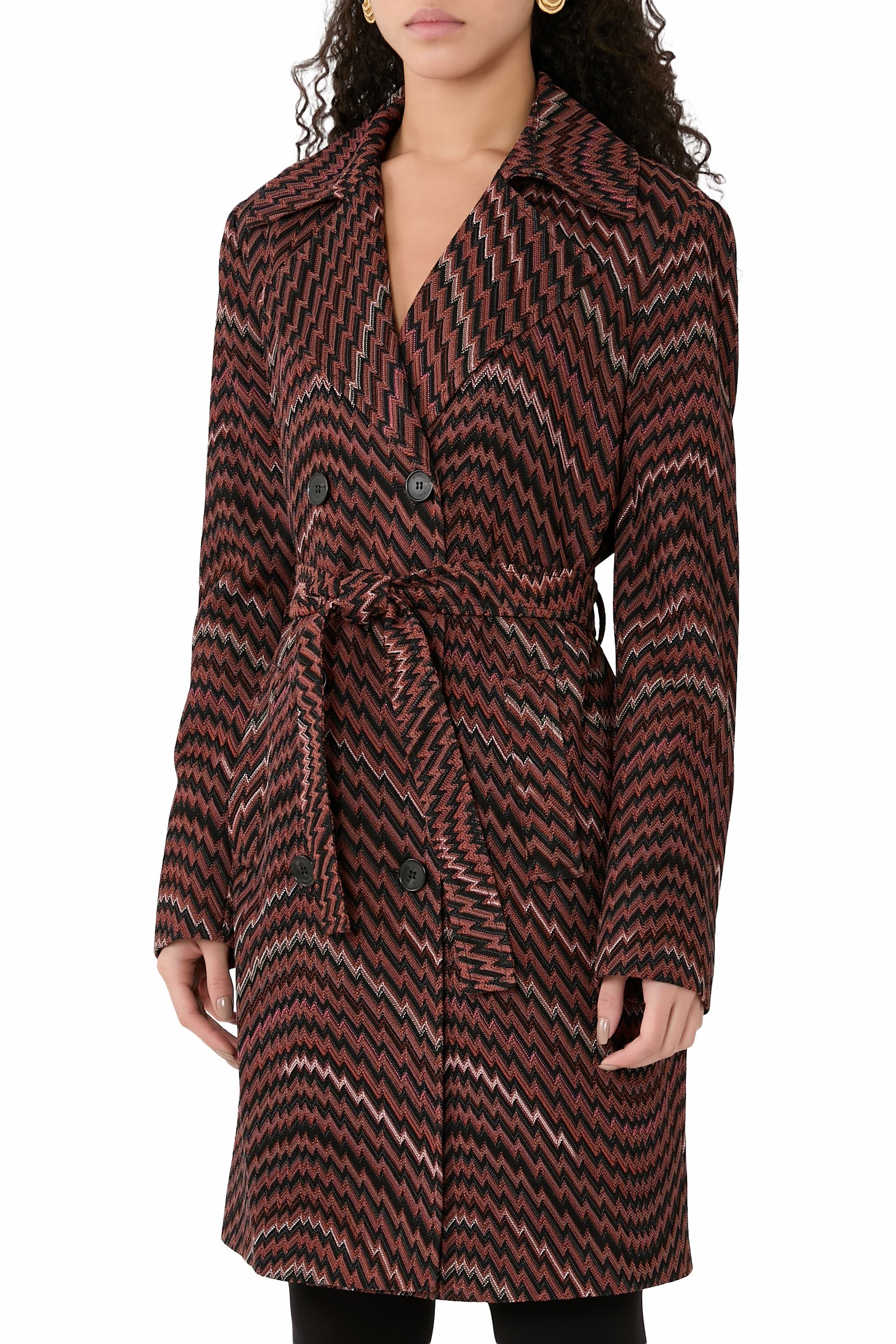 Wavy Zigzag Pattern Double-Breasted Trench Coat