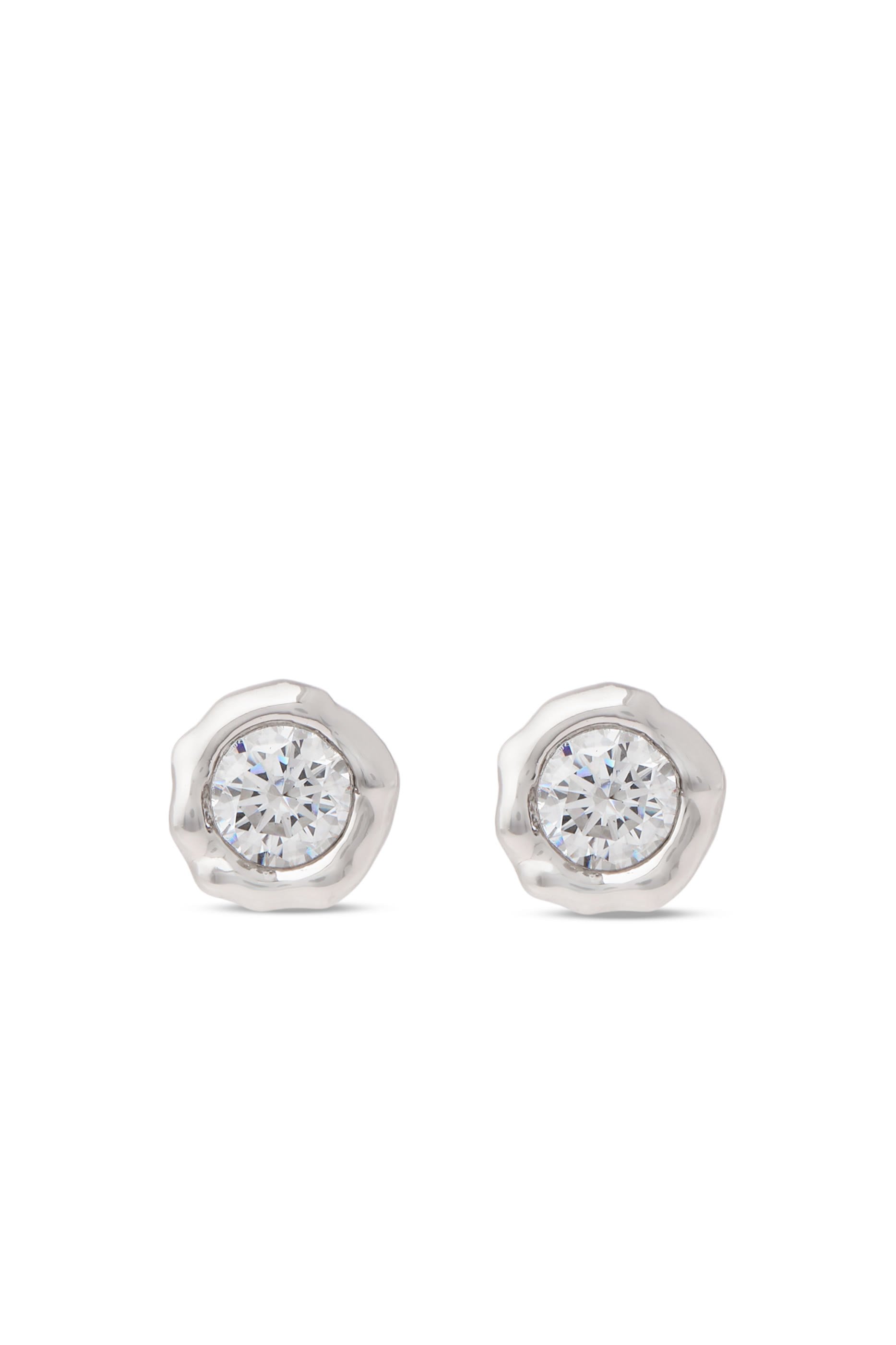 Asterales Molten Bezel Stud Earrings, Rhodium Tone Plated Brass Metalwork with Cubic Zirconia