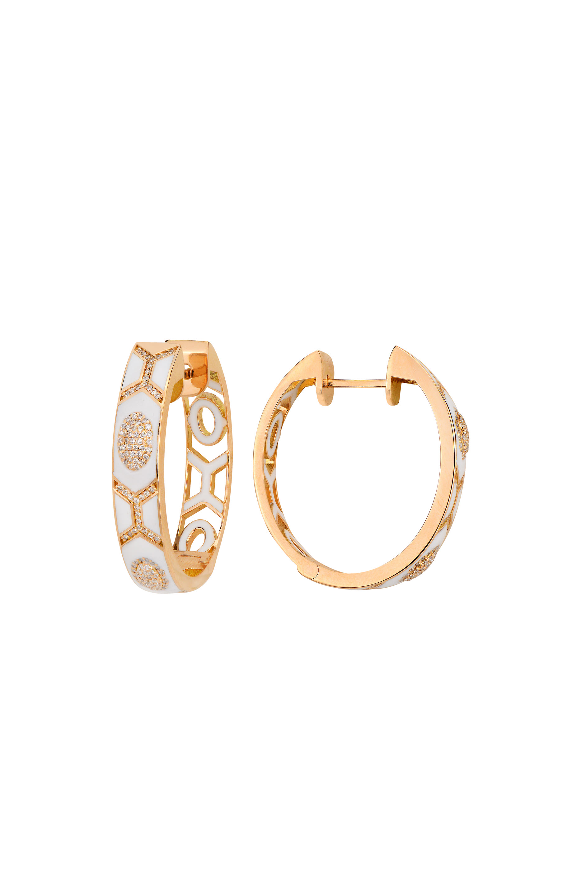 18K Rose Gold Shield White Enamel and Diamond Hoop Earrings