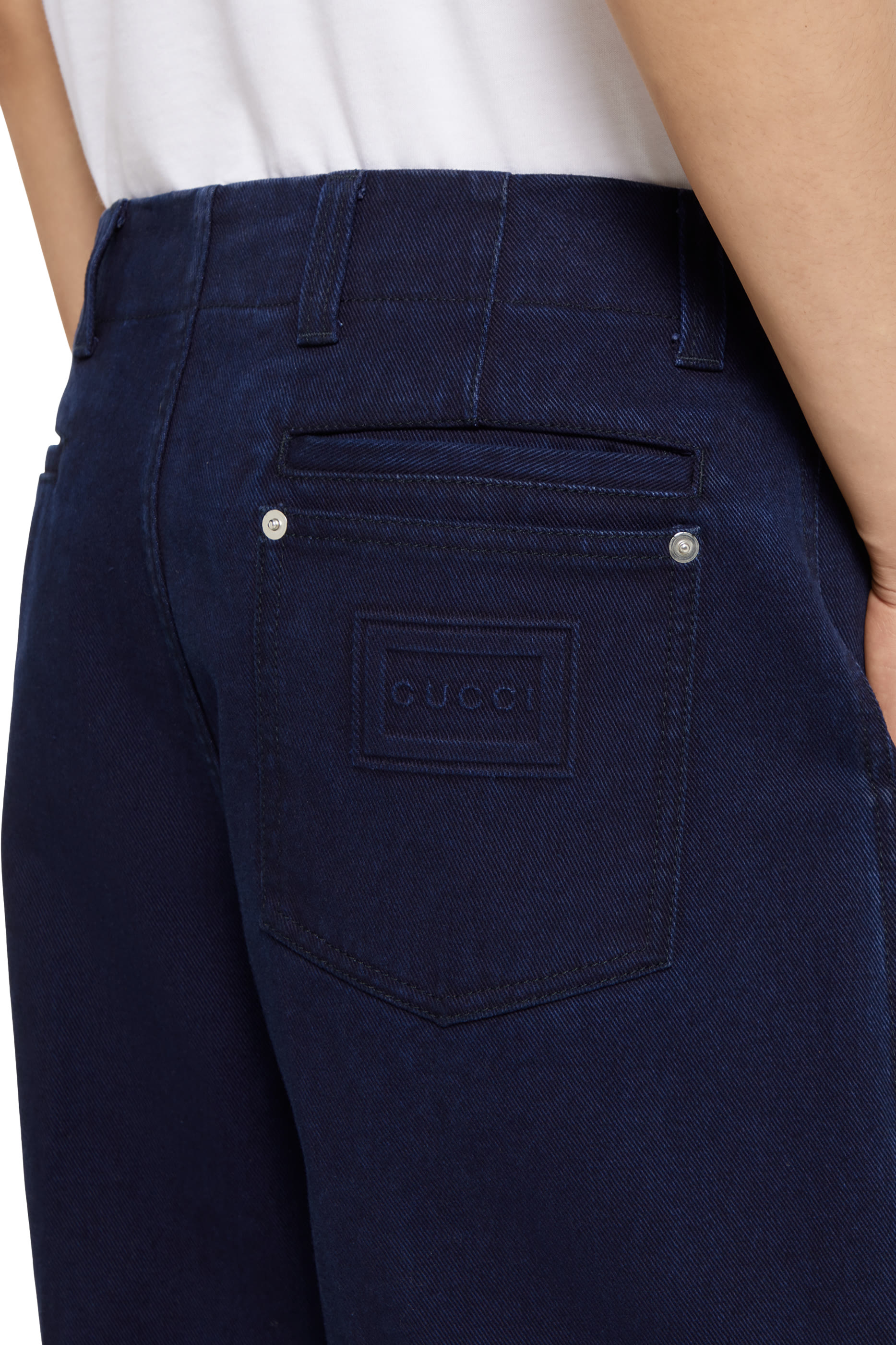 Embossed Label Washed Denim Pants