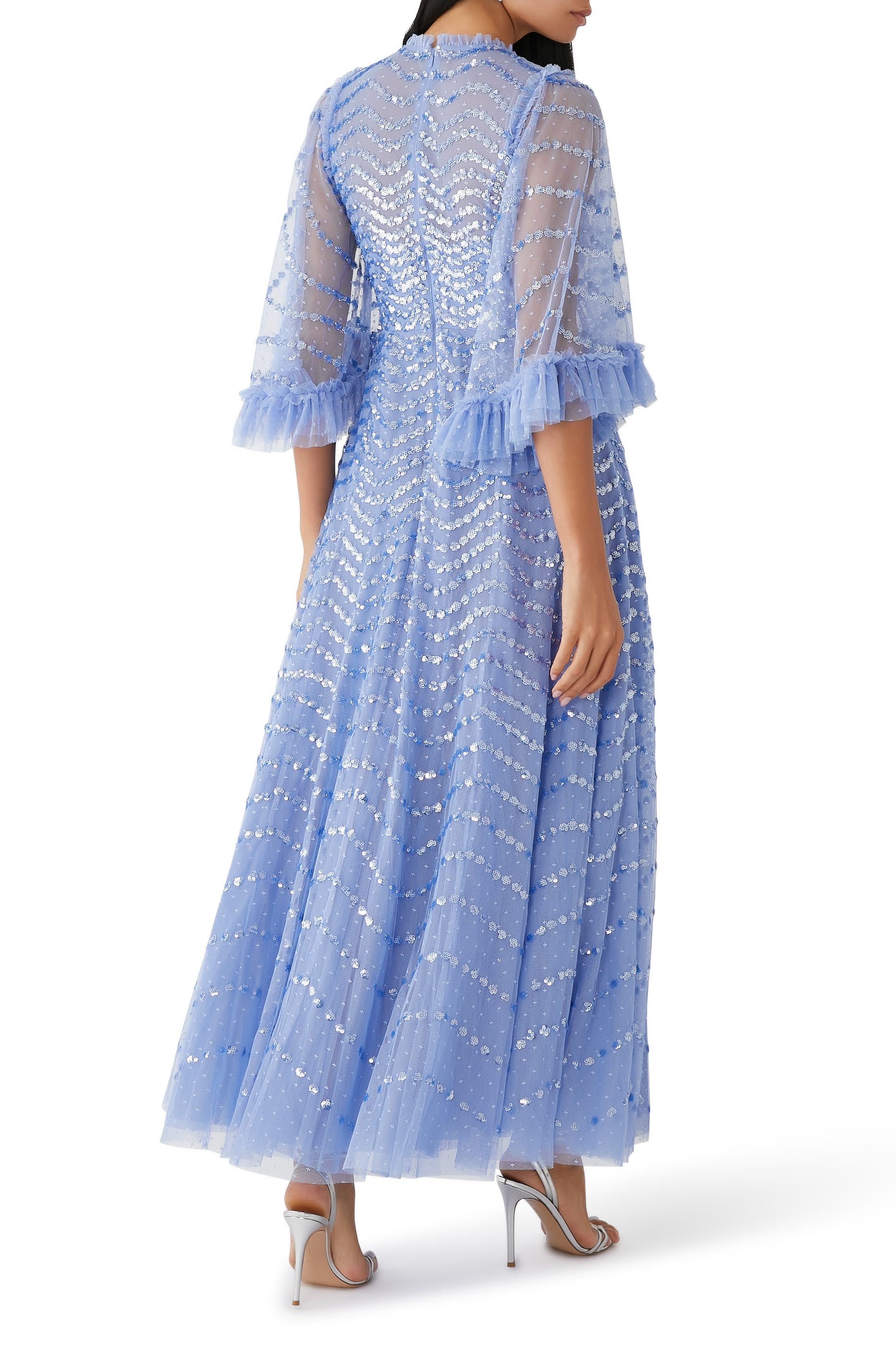 Shimmer Wave Gloss V-Neck Ankle Gown