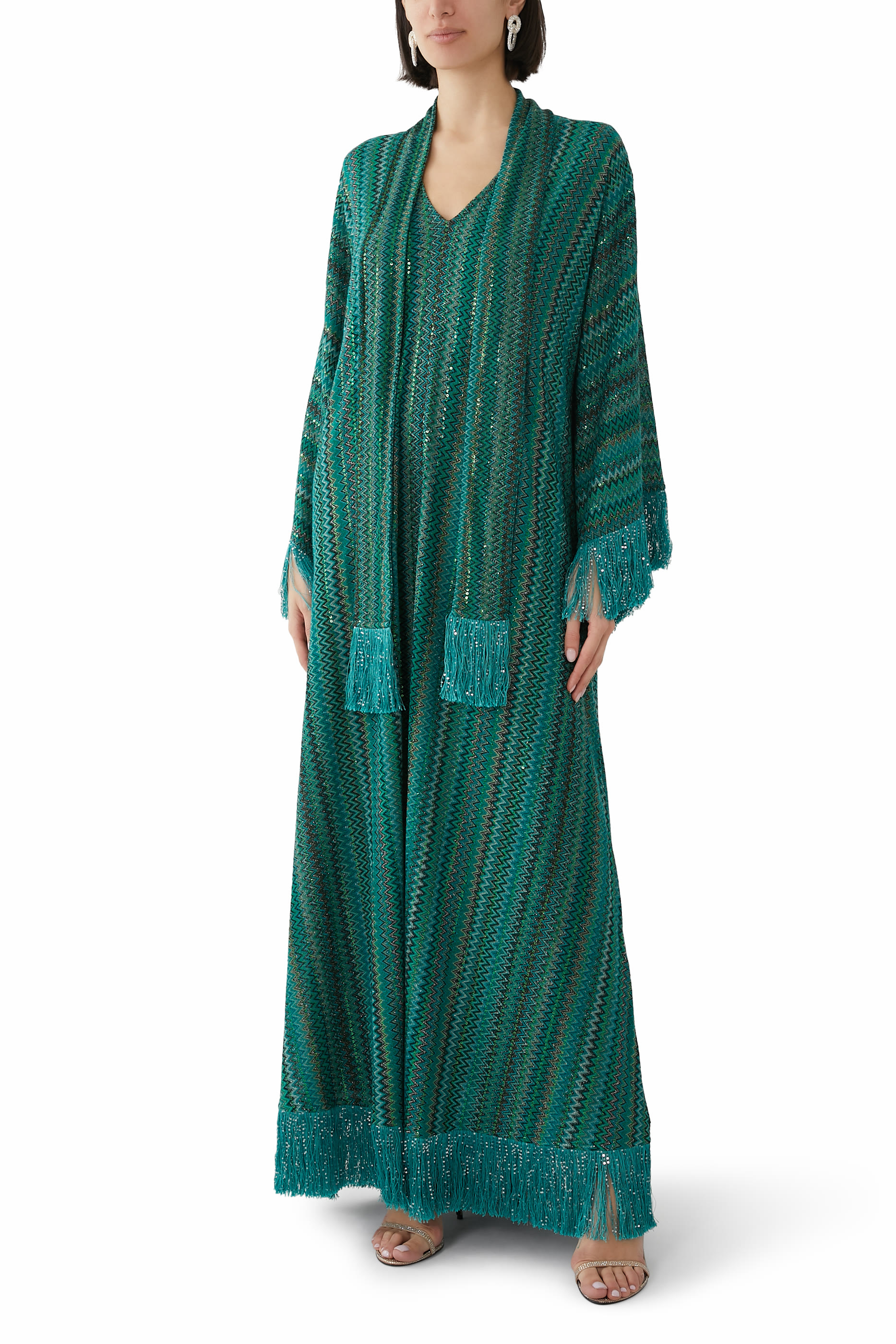 Exclusive Chevron Raschel Sequinned Fringed Scarf Maxi Kaftan