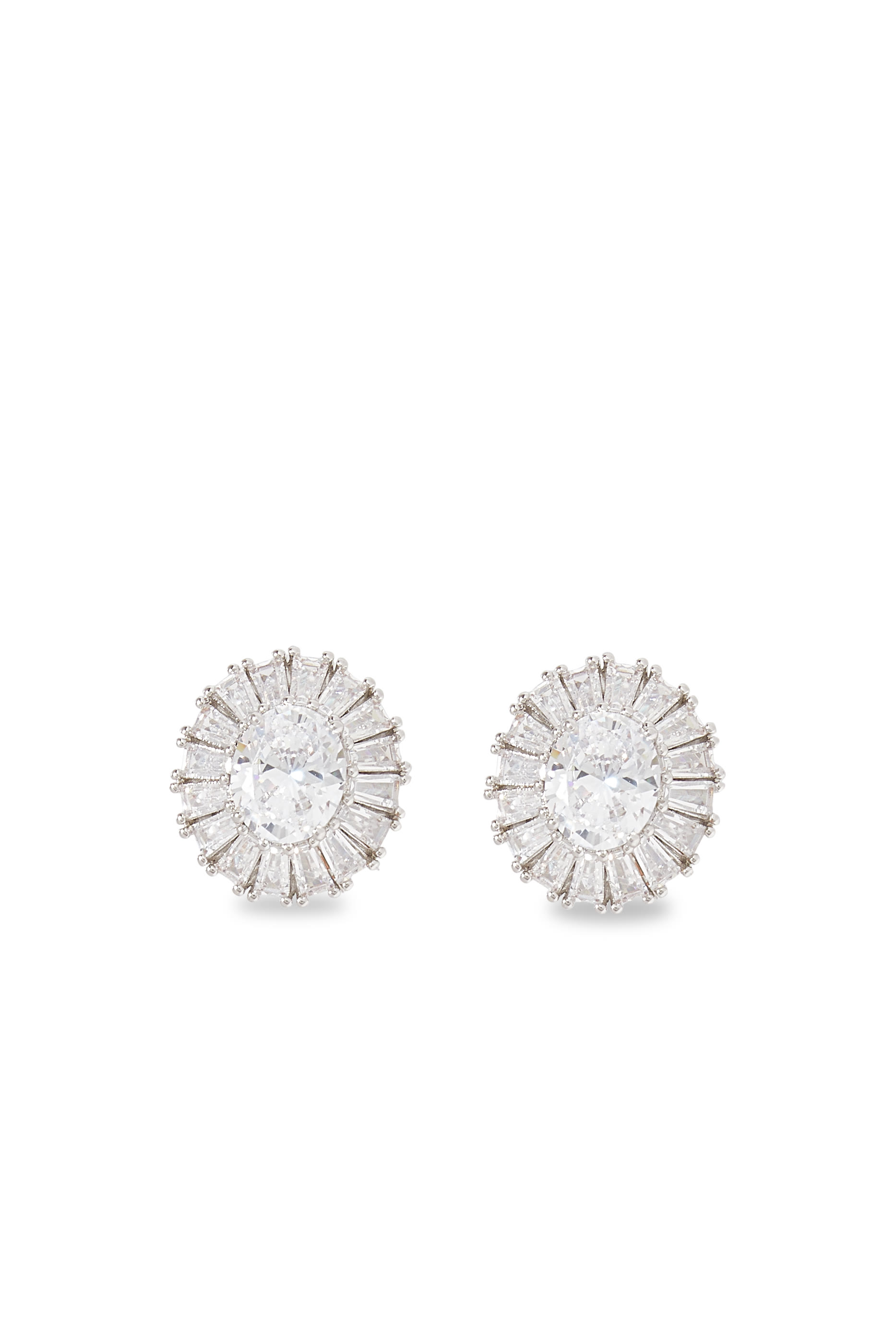 Oval Baguette Statement Button Earrings, Rhodium Plated Brass & Cubic Zirconia
