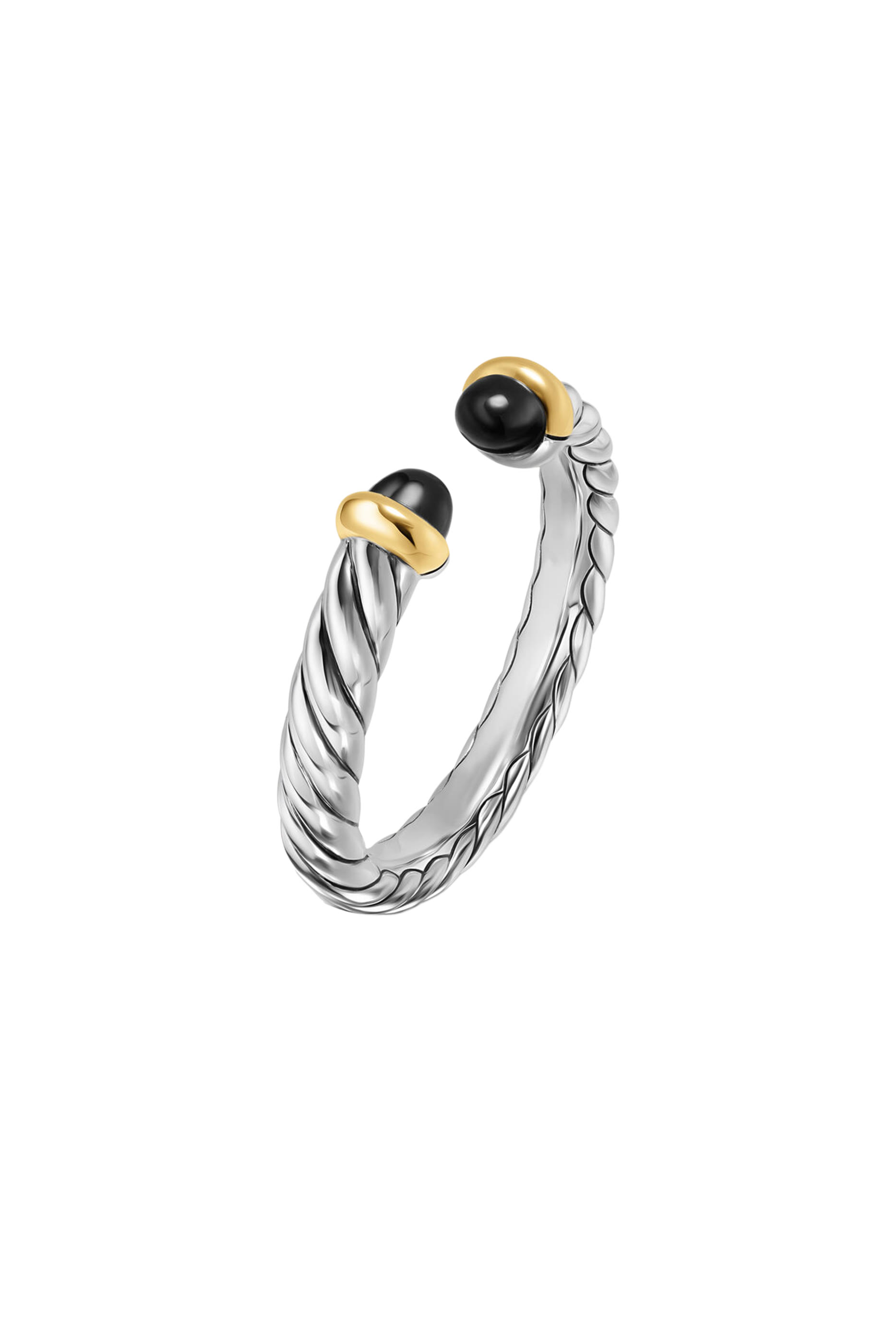 Petite Cable Open Ring, Sterling Silver, 14k Yellow Gold & Onyx