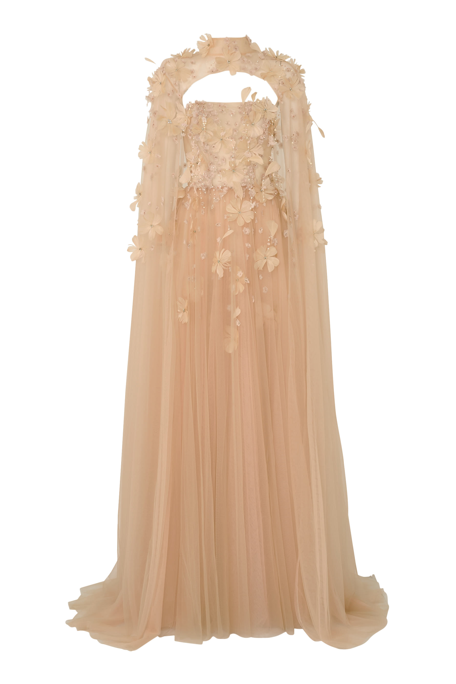 Strapless Floral Gown with Cape 