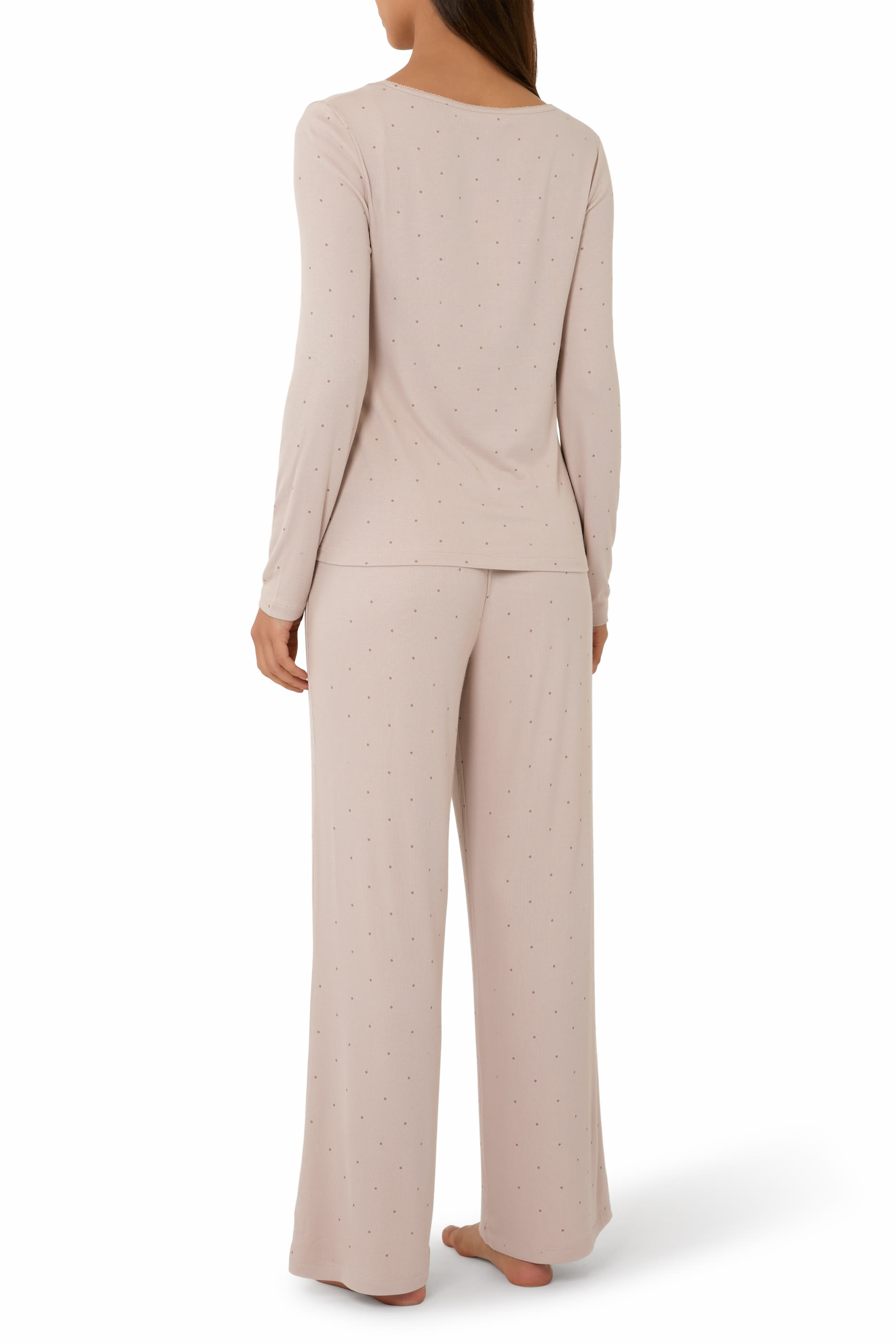 Jersey Fine Rib Scoop Neck Dot Pajama Set 