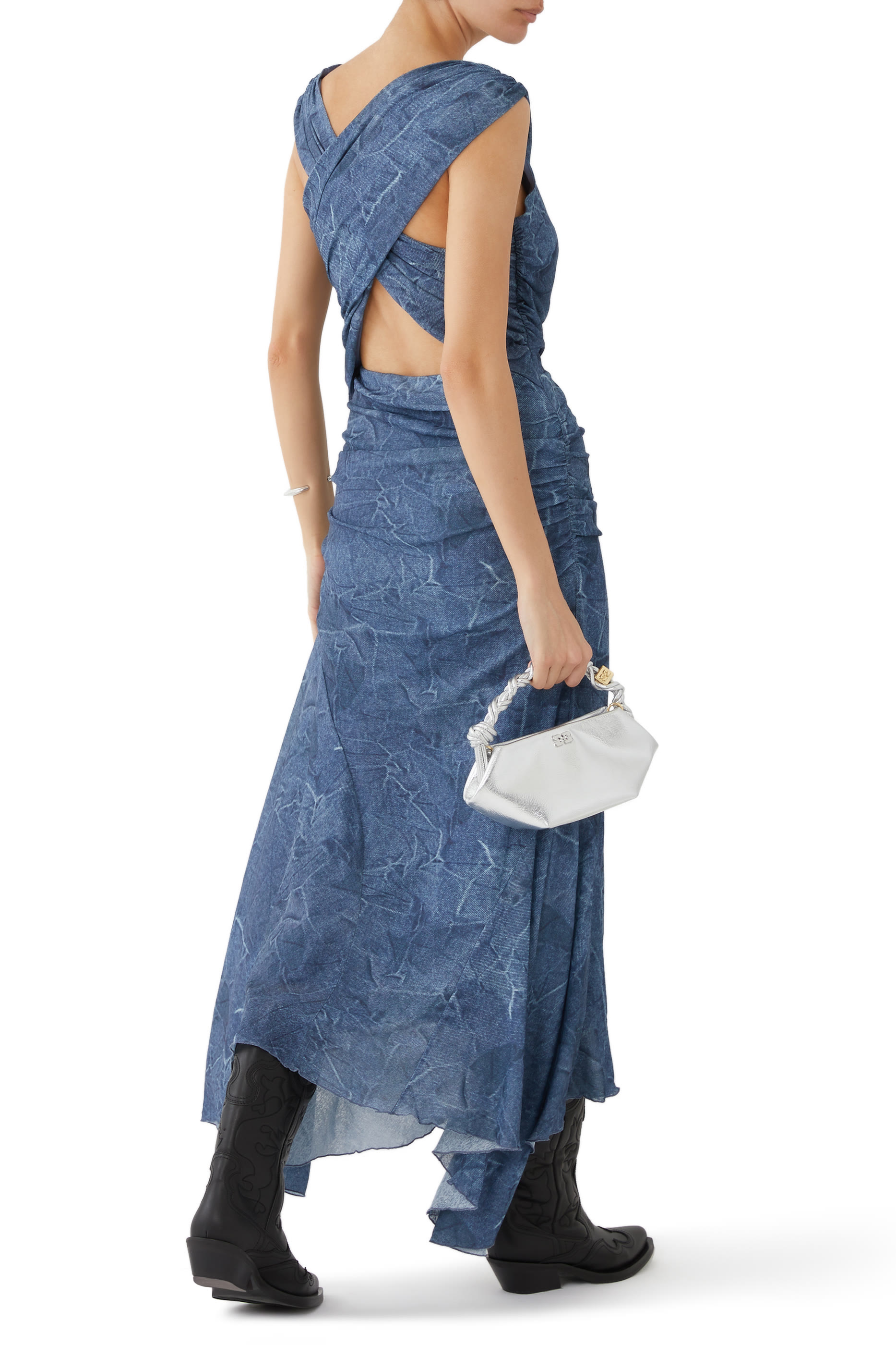 Marl Mesh Long Ruched Crossover Dress