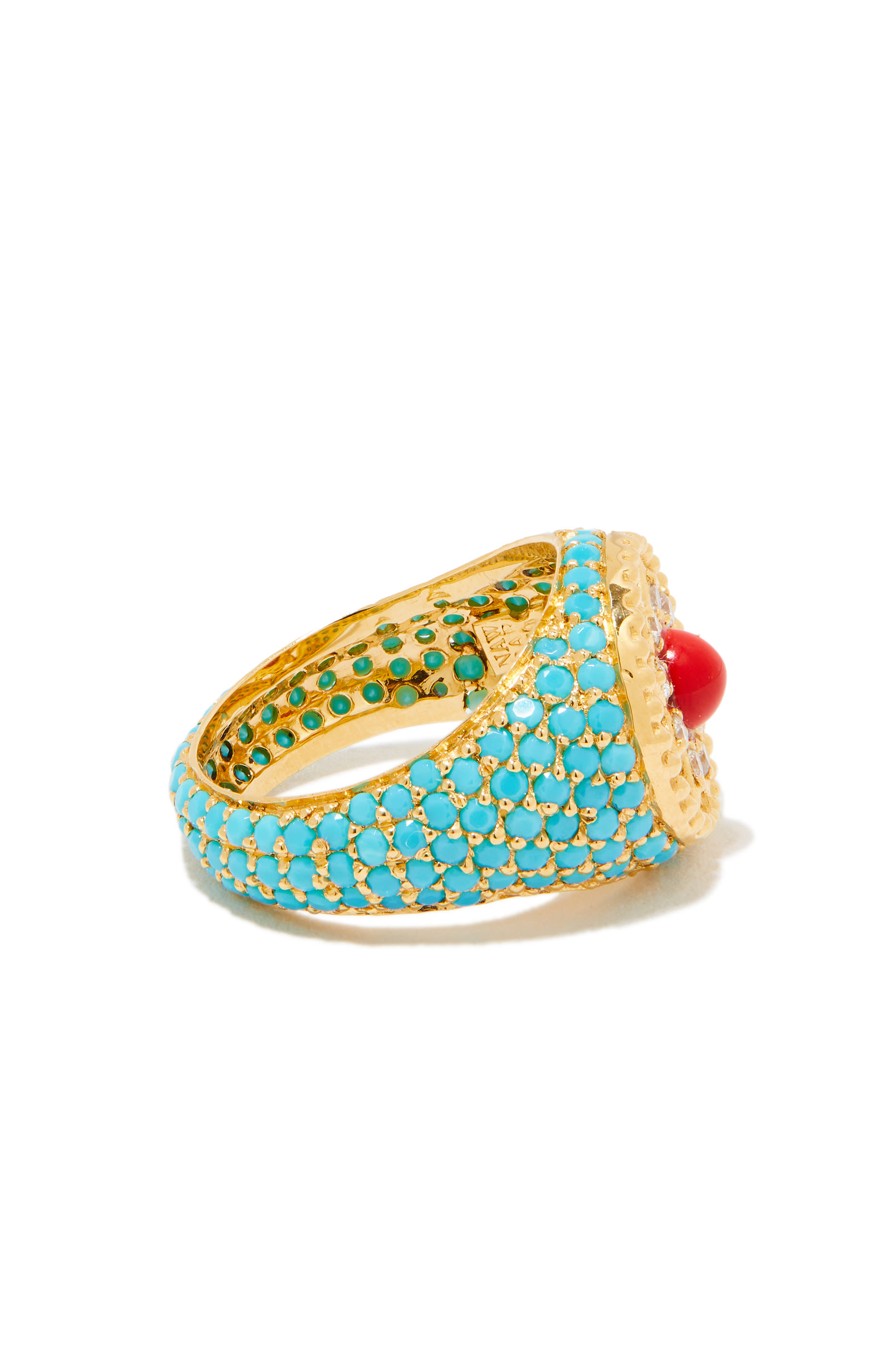 Arabesque Pinky Ring, 18k Yellow Gold with Turquoise, Mother-of-Pearl, Coral & Diamonds