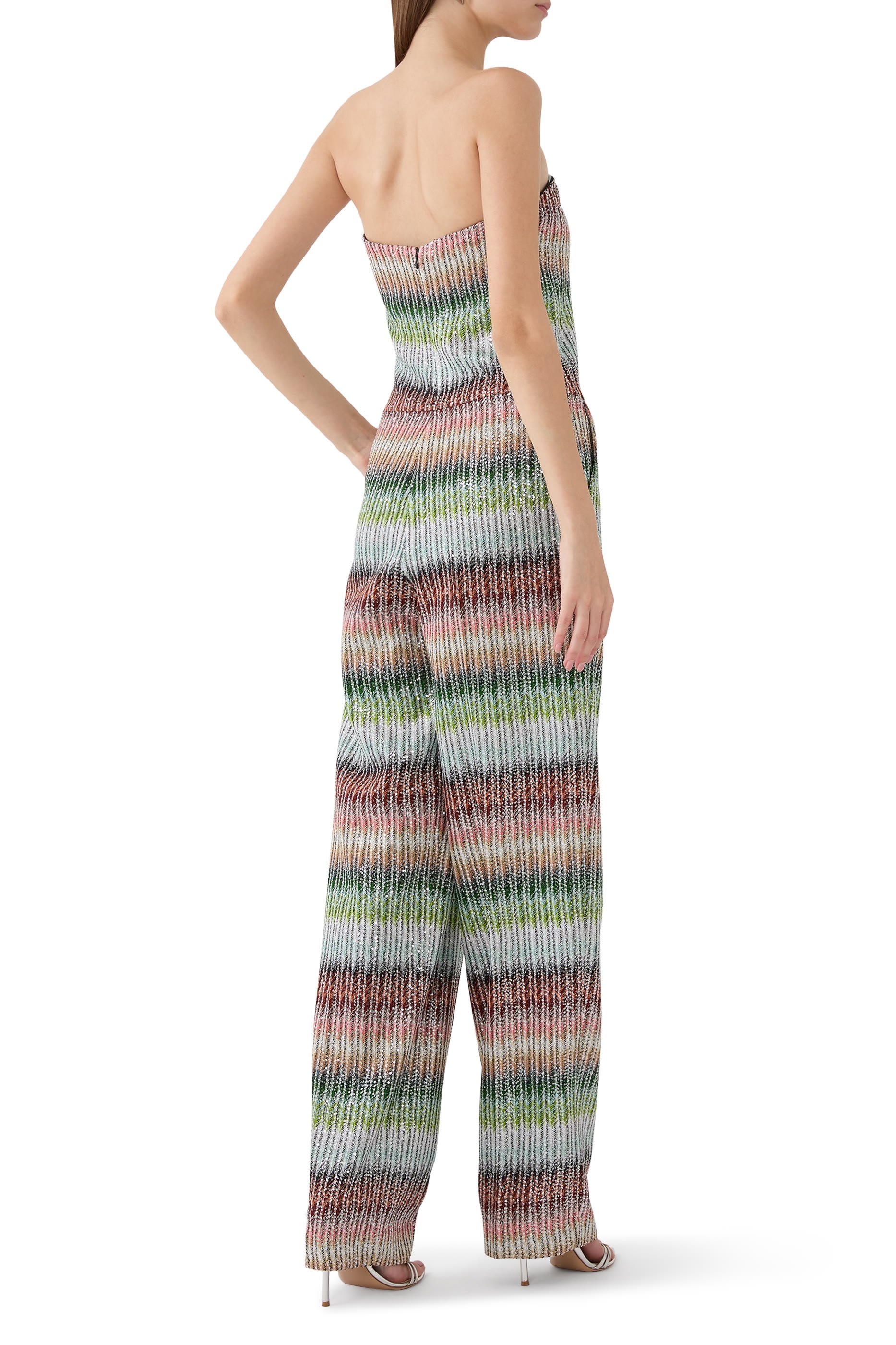 Long Bustier Jumpsuit in Gradient Zigzag Knit with Sequins