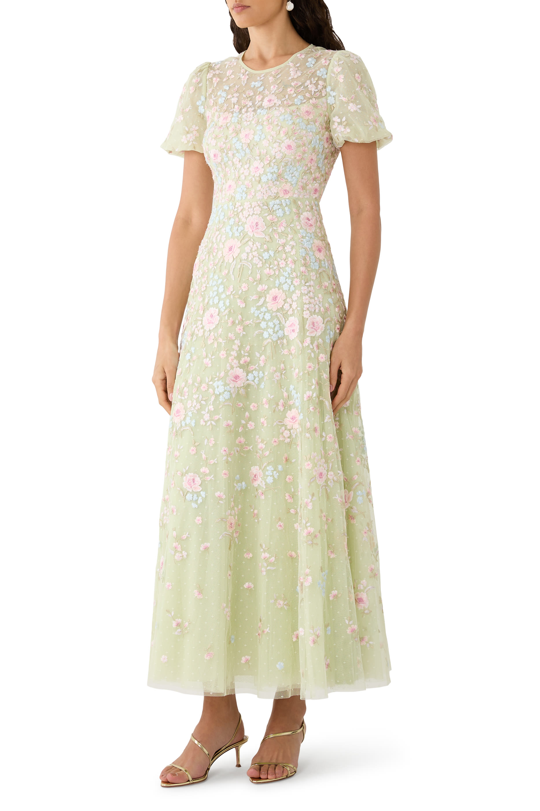 Peony Bouquet Round Neck Ankle Gown