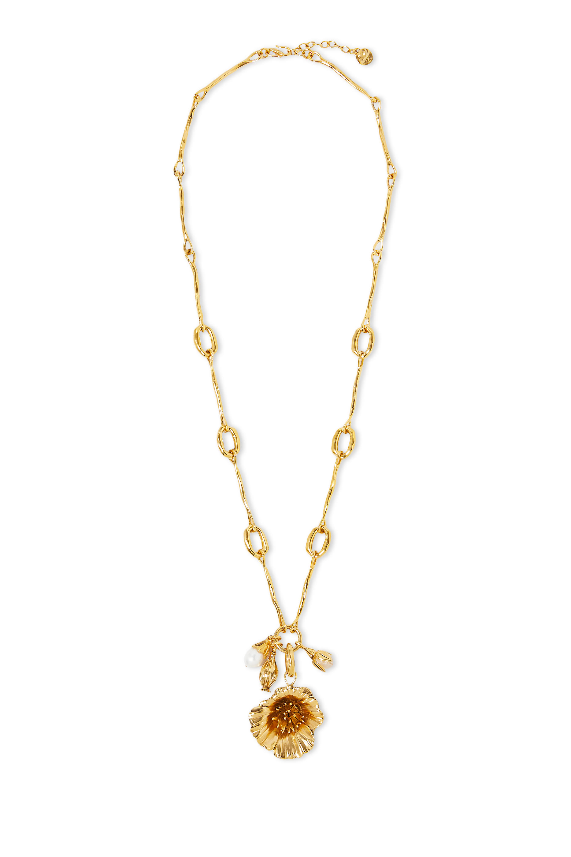 Poppy Flower Necklace, 24k Gold-Plated Brass & Freshwater Pearls