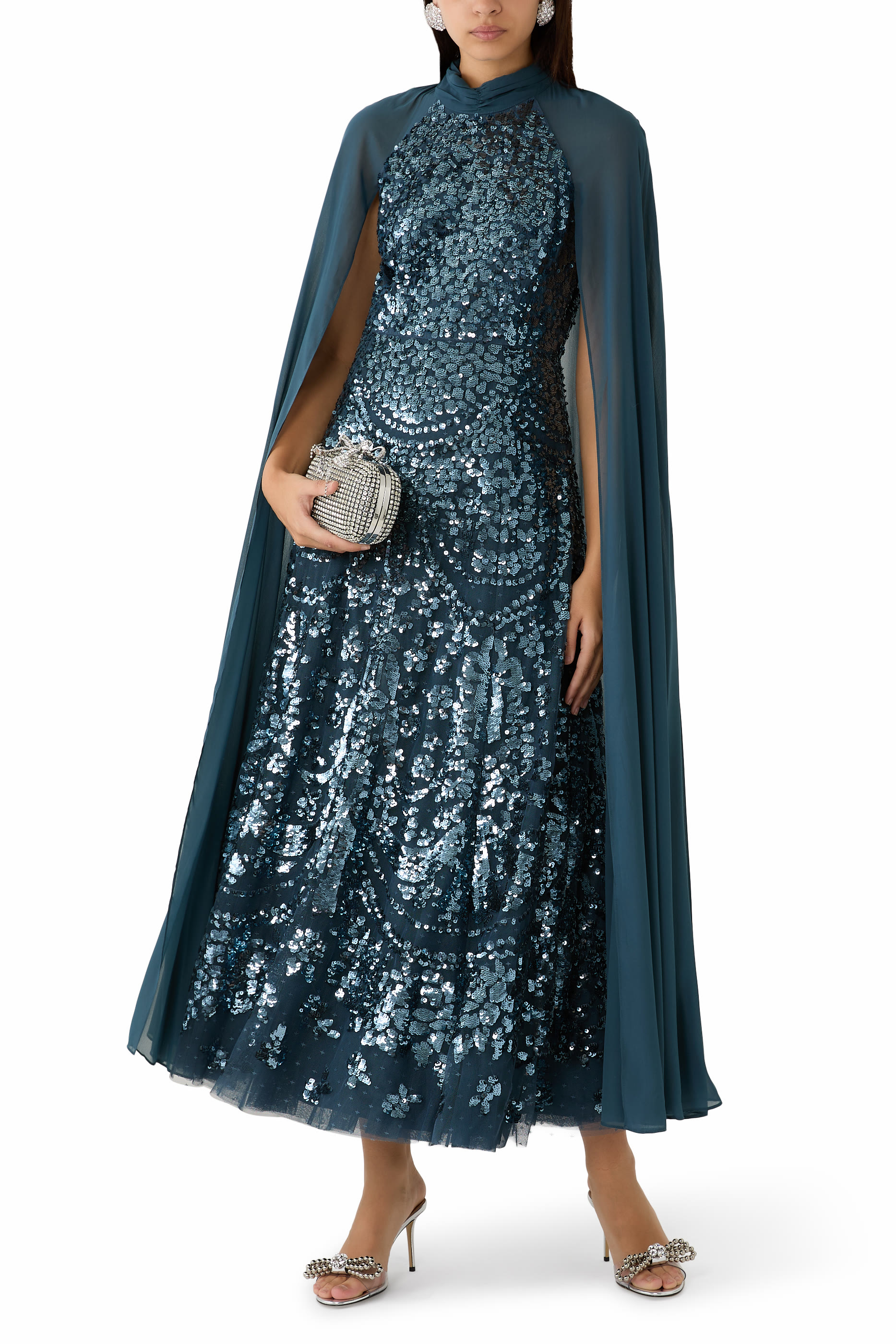 Chandelier Sequins Cape Evening Dress