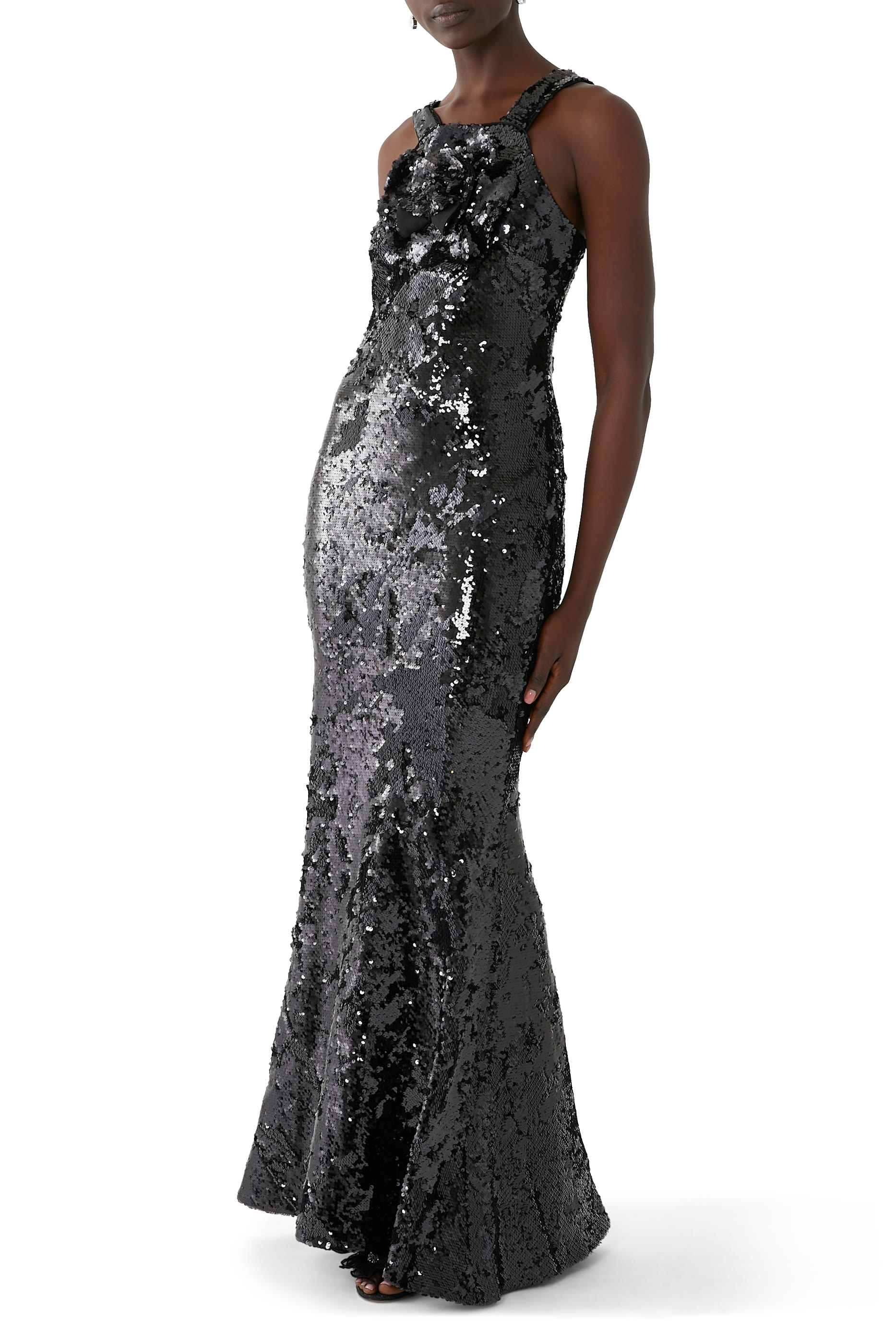 Sequin Flower Drape Maxi Dress