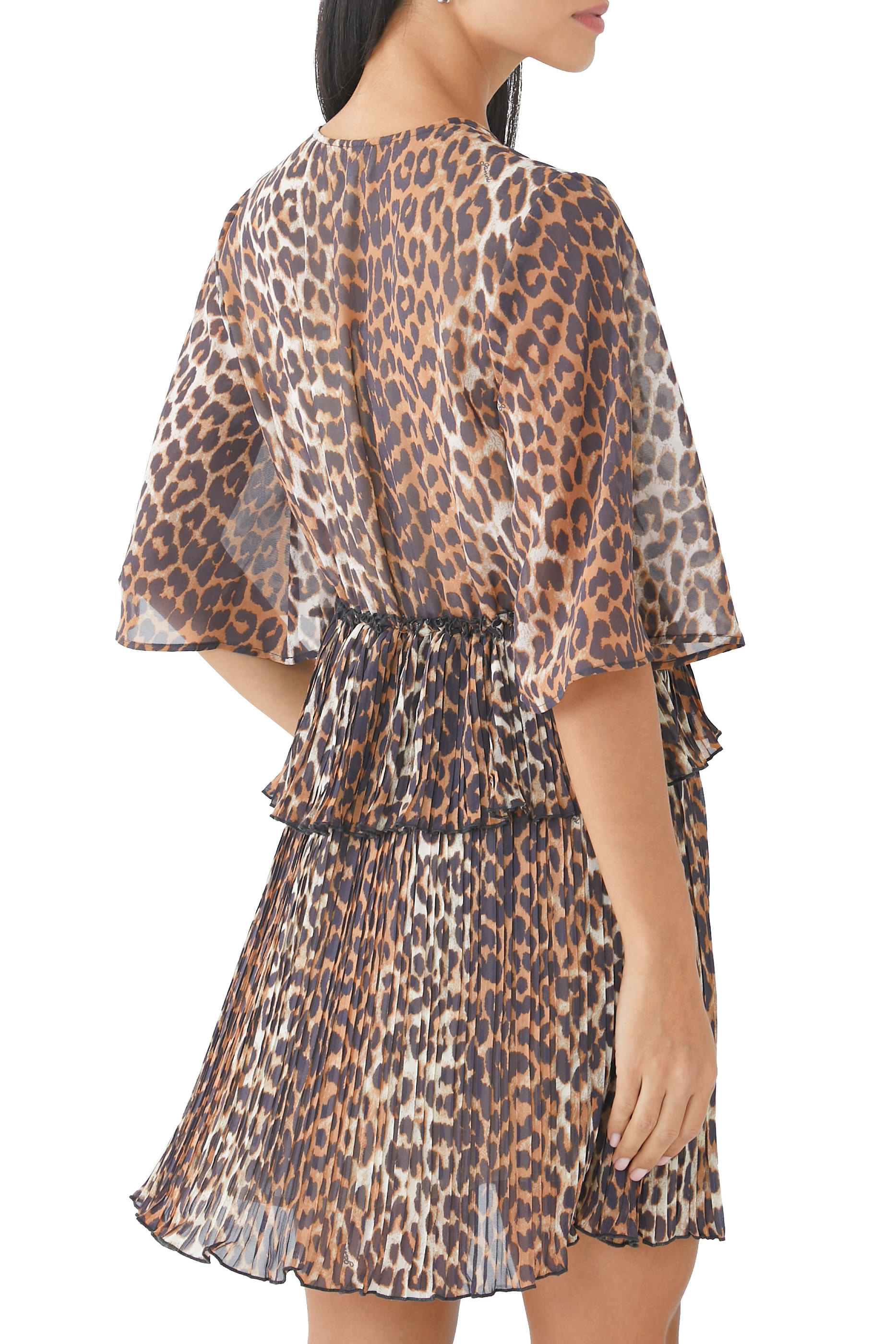 Georgette Pleated Flounce V-Neck Mini Dress