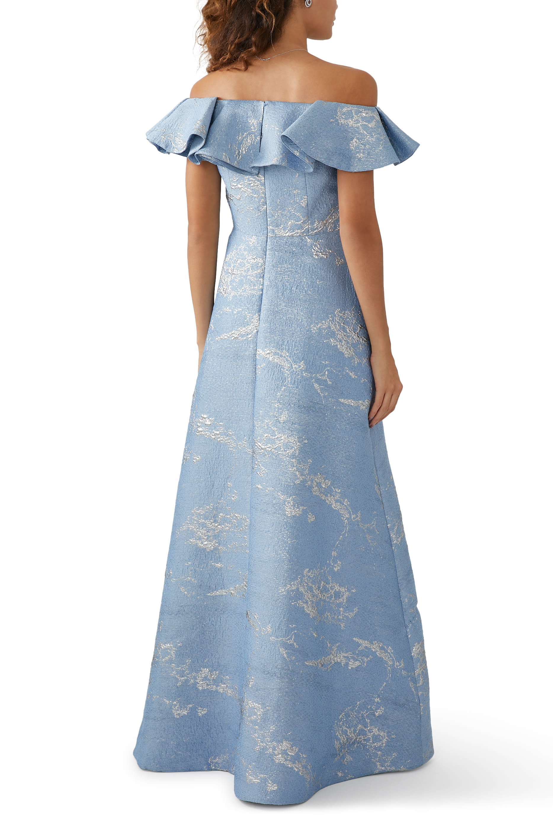 Off Shoulder Jacquard Ruffle Gown with Flower Applique