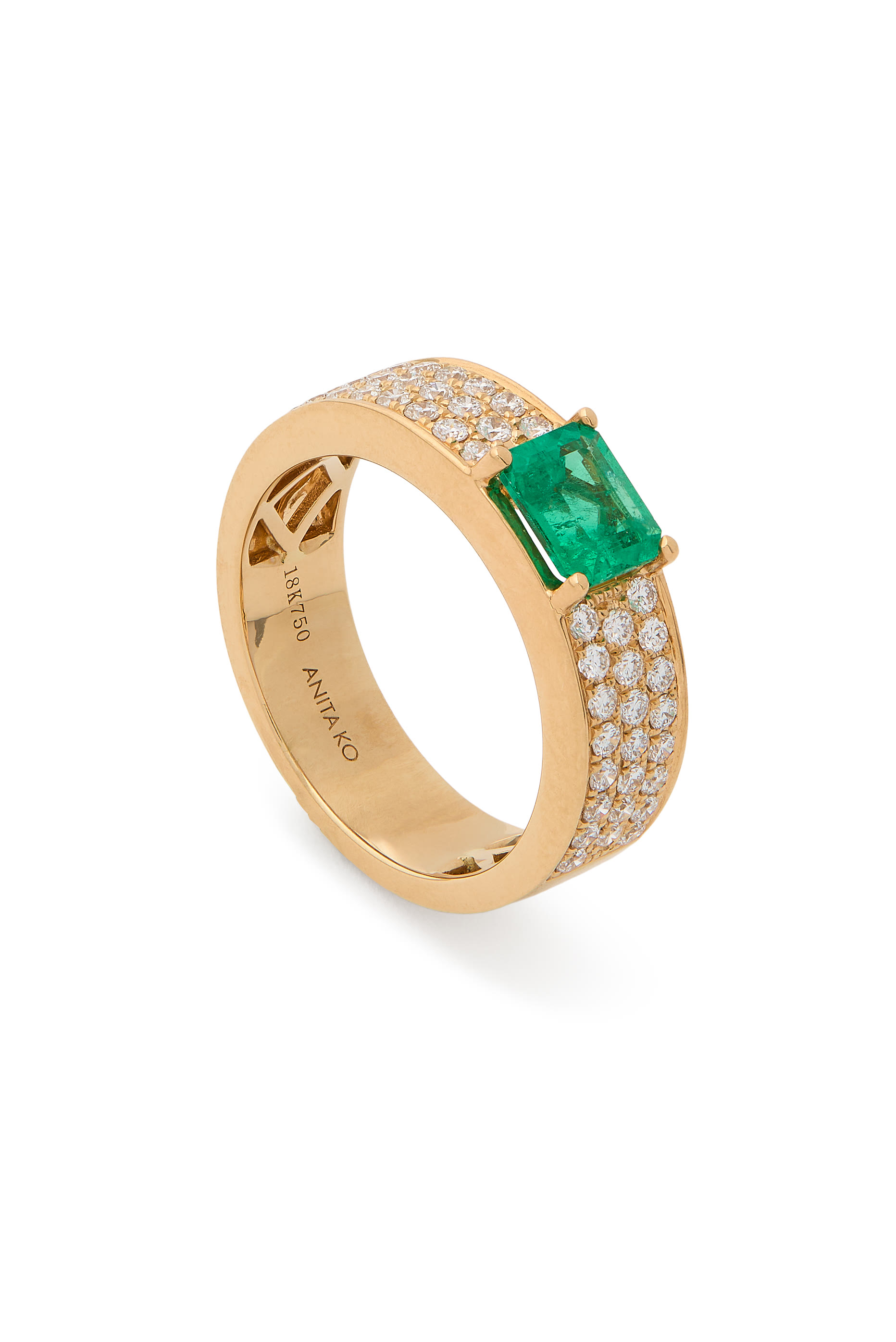 Wide Band Ring, 18k Yellow Gold, Emerald & Diamonds