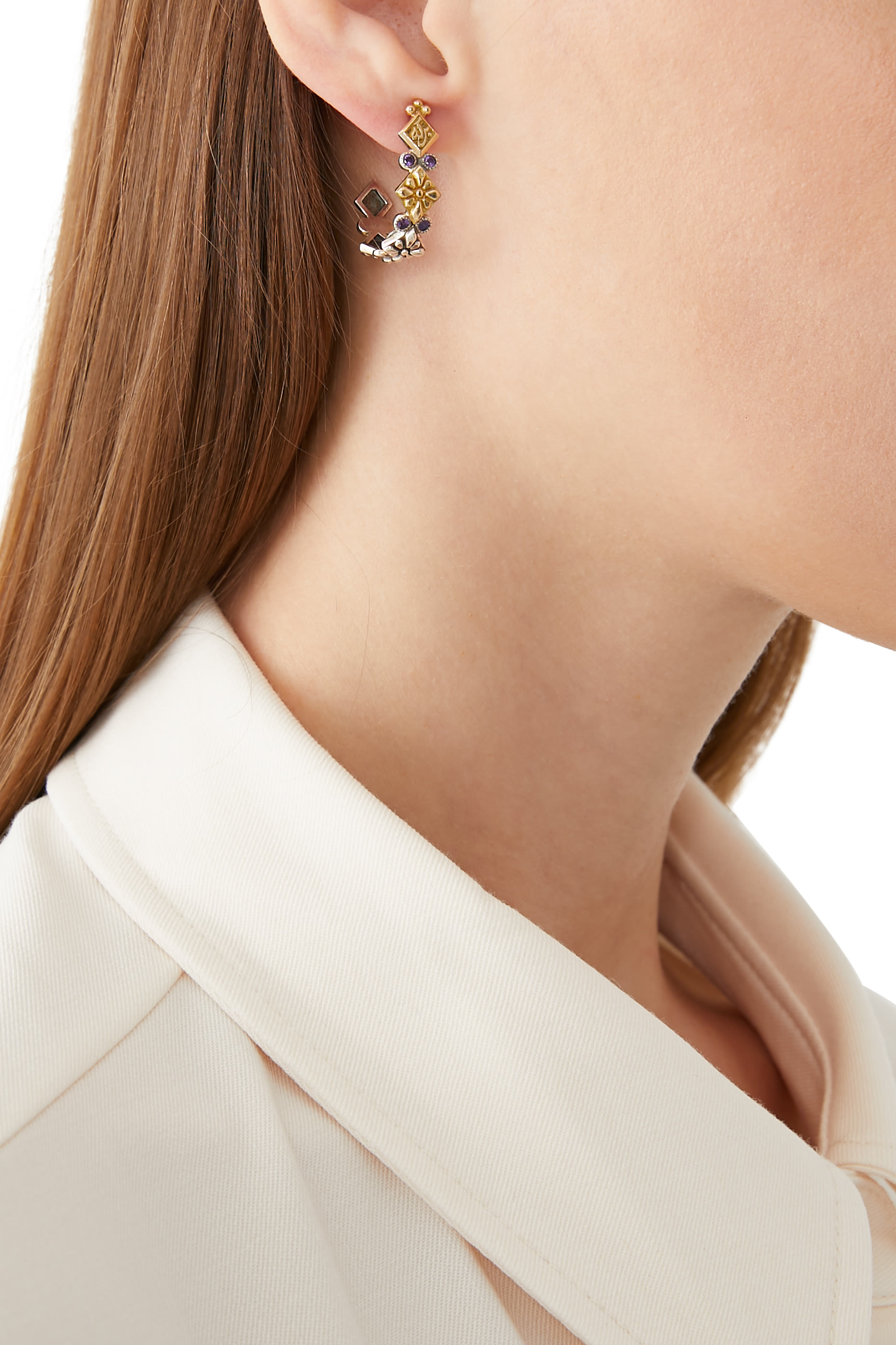 Floral Tribal Earrings, 18K Yellow Gold, Sterling Silver & Amethyst