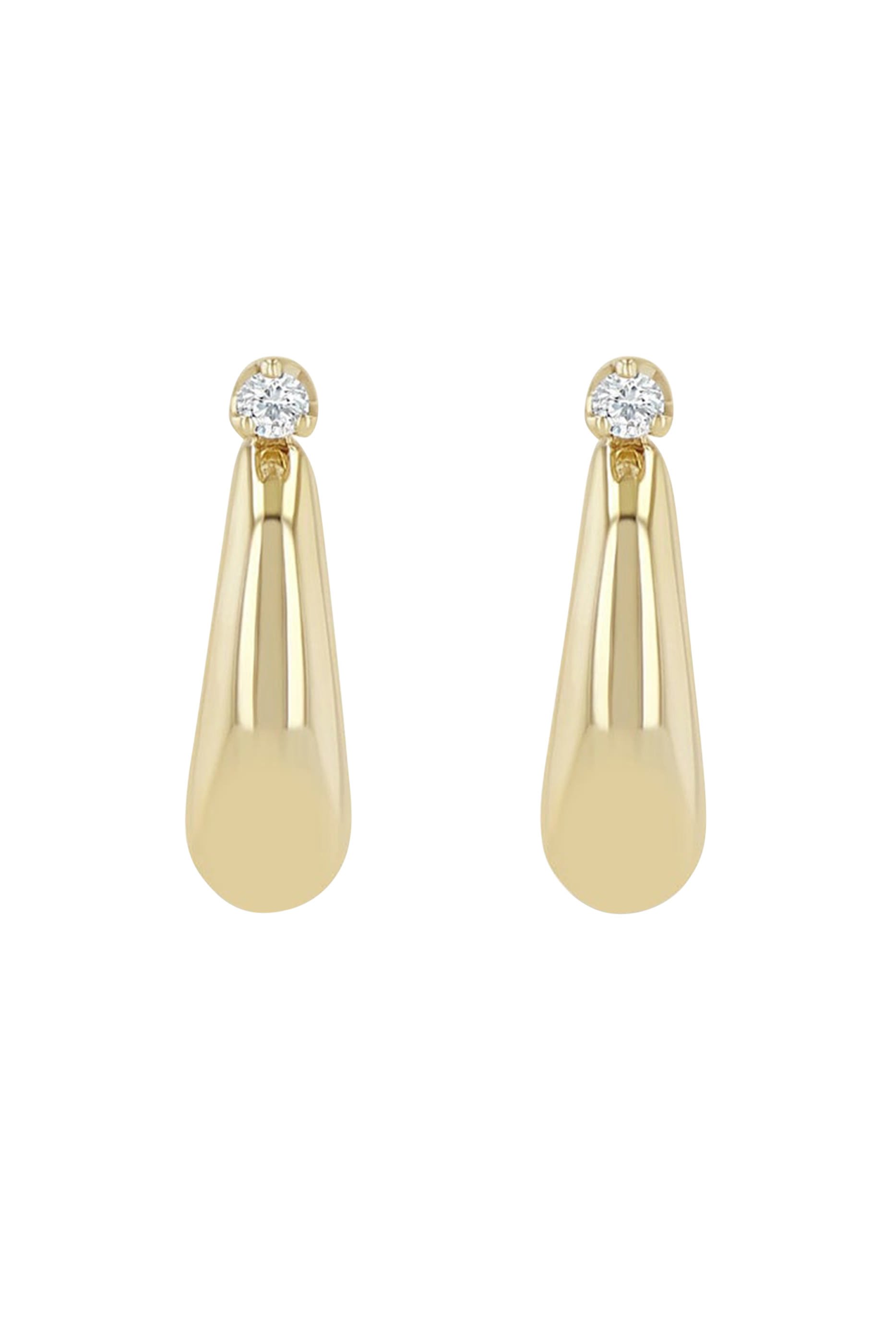  Prong Tapered Dome Hinge Hoops, 14K Gold, Diamonds