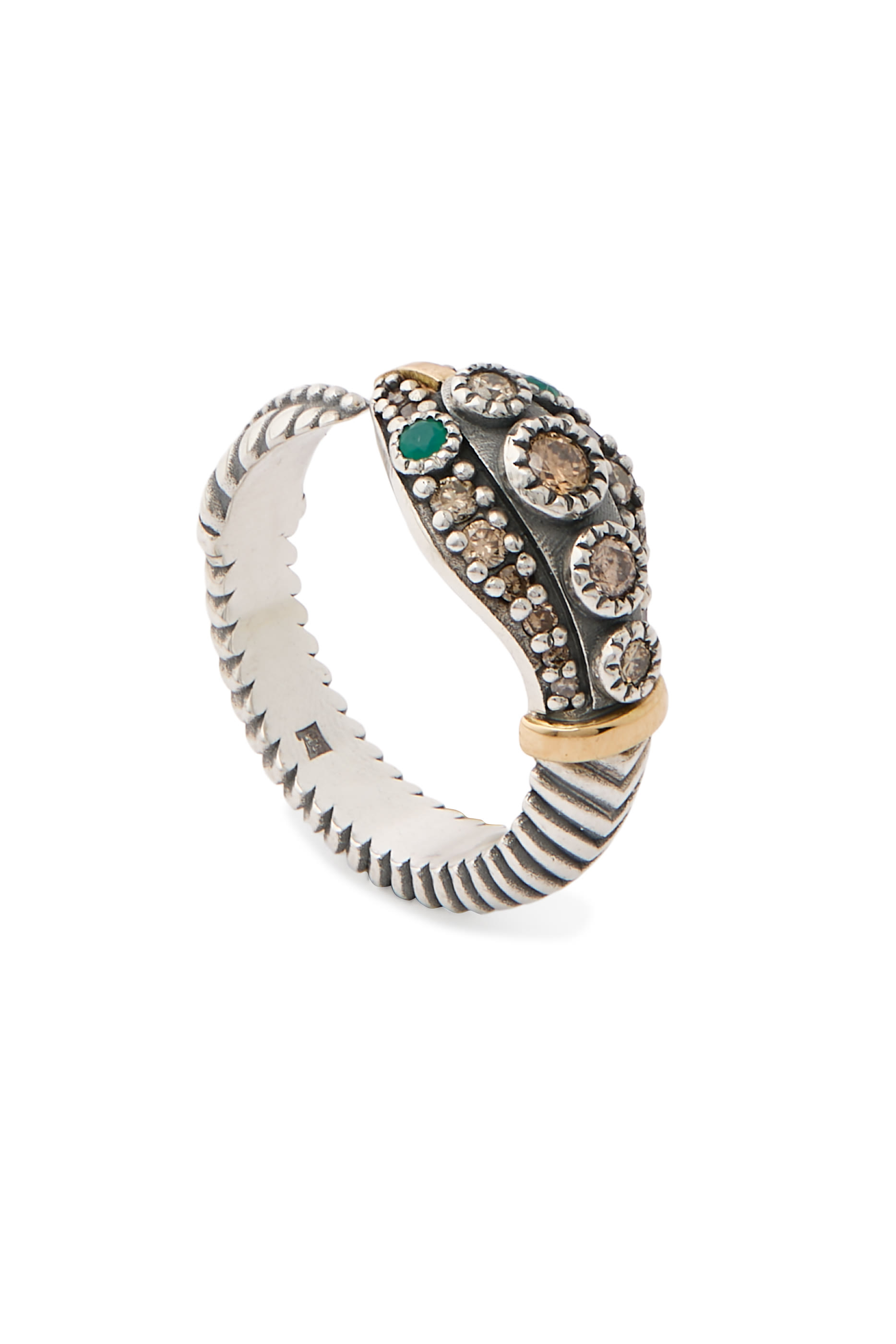 Guardian Snake Ring, 18K Yellow Gold, Sterling Silver, Green Onyx & Diamonds