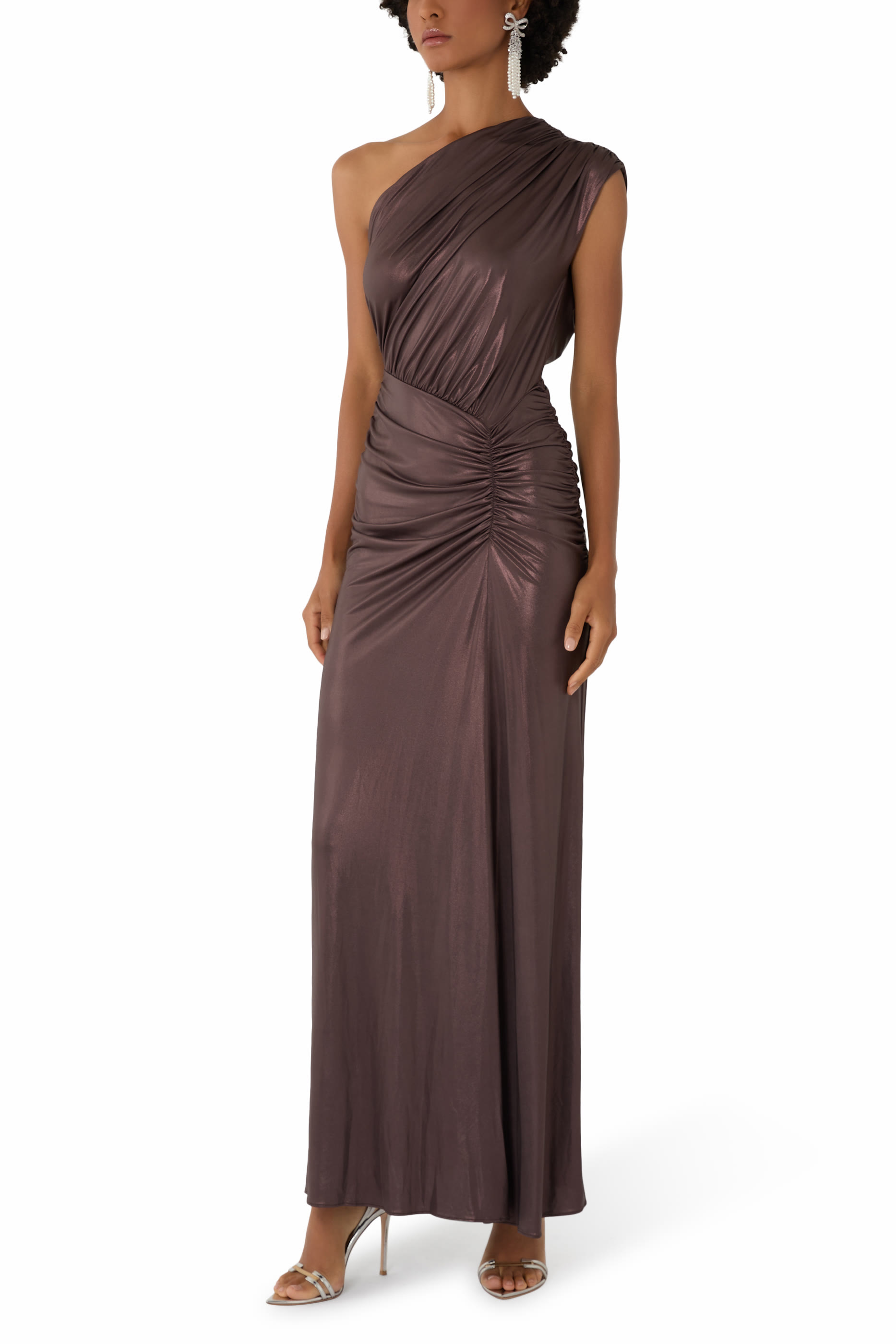 Coated Jersey One-Shoulder Ruched Dress 