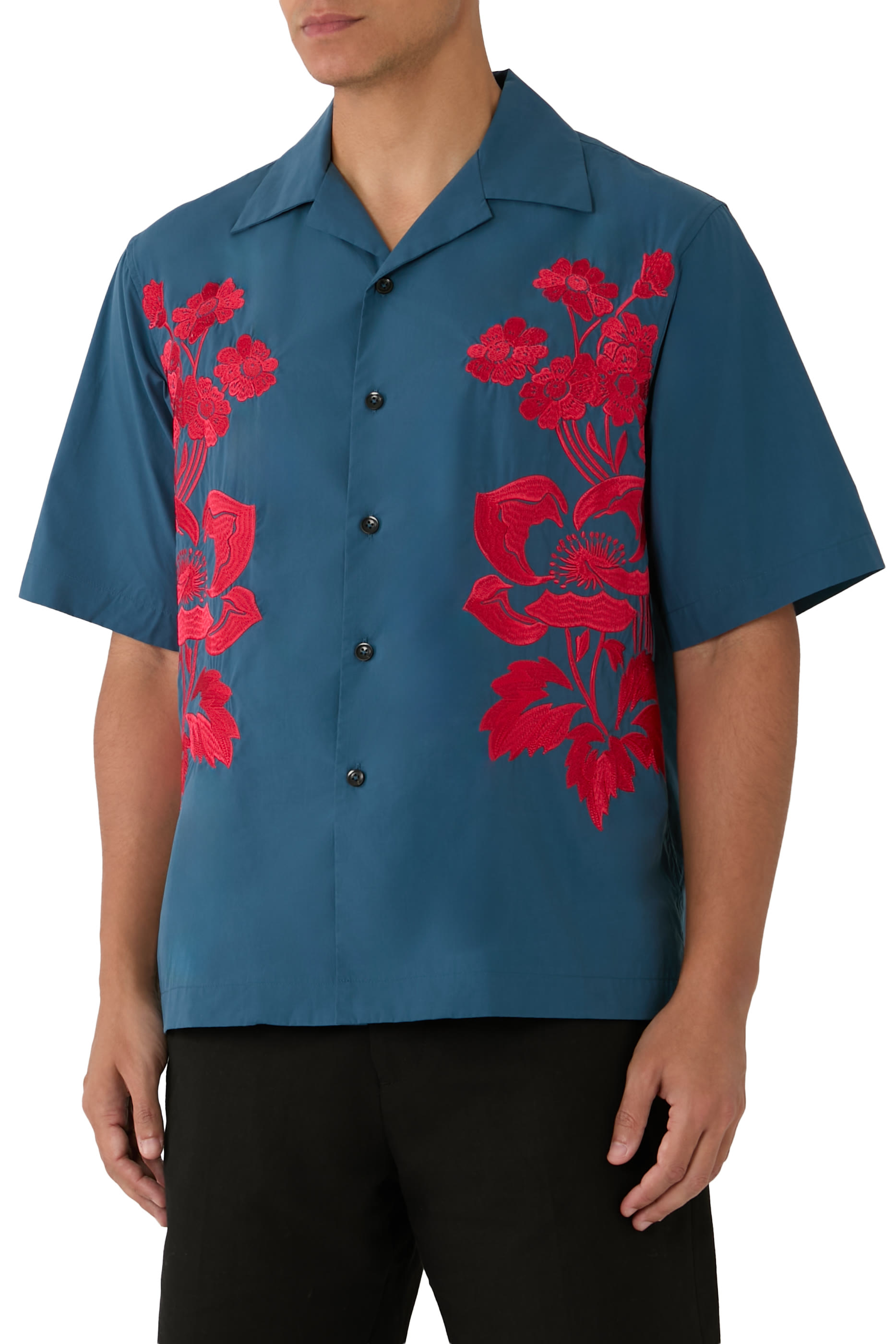 Embroidered Peonies Bowling Shirt