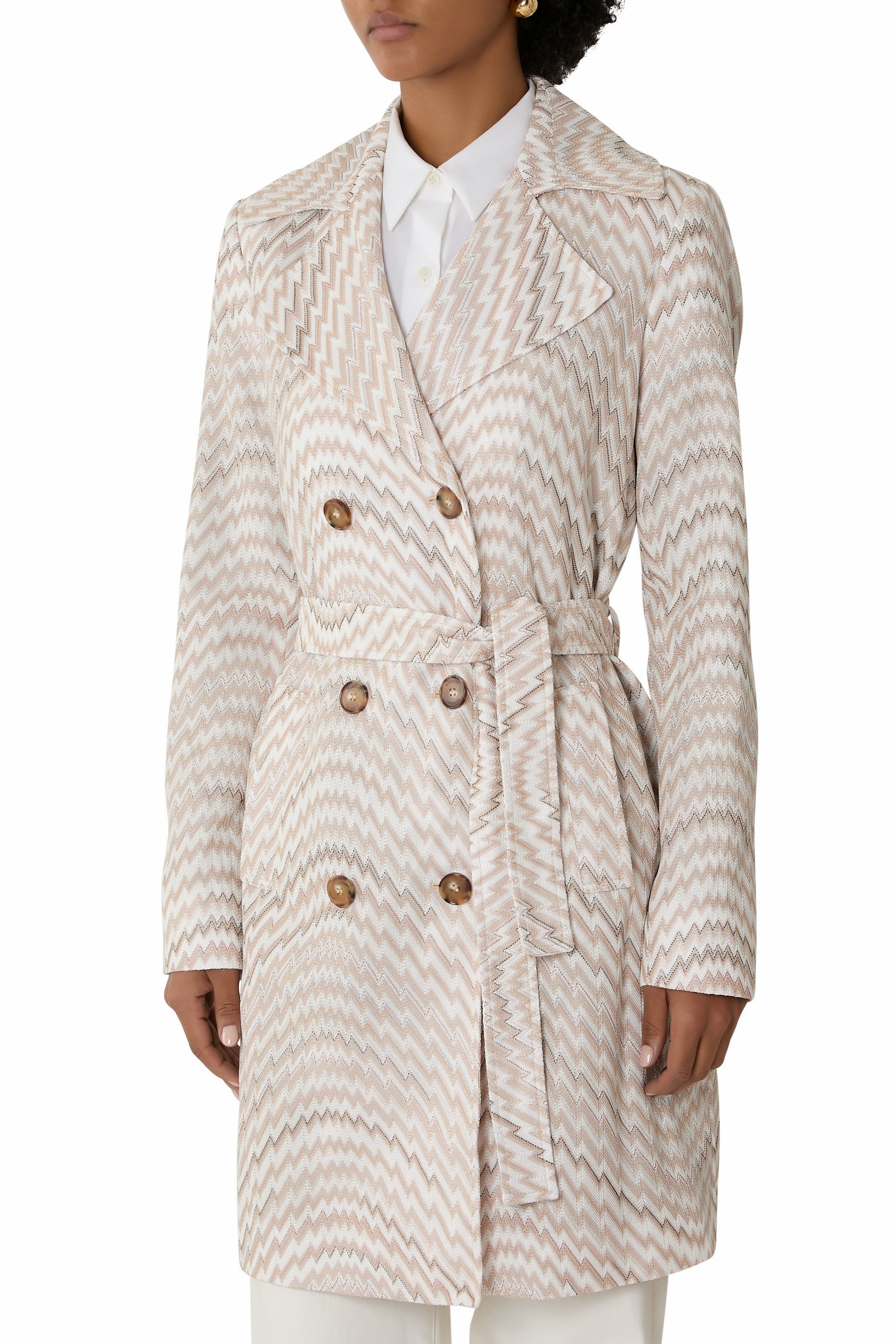 Wavy Zigzag Pattern Double-Breasted Trench Coat