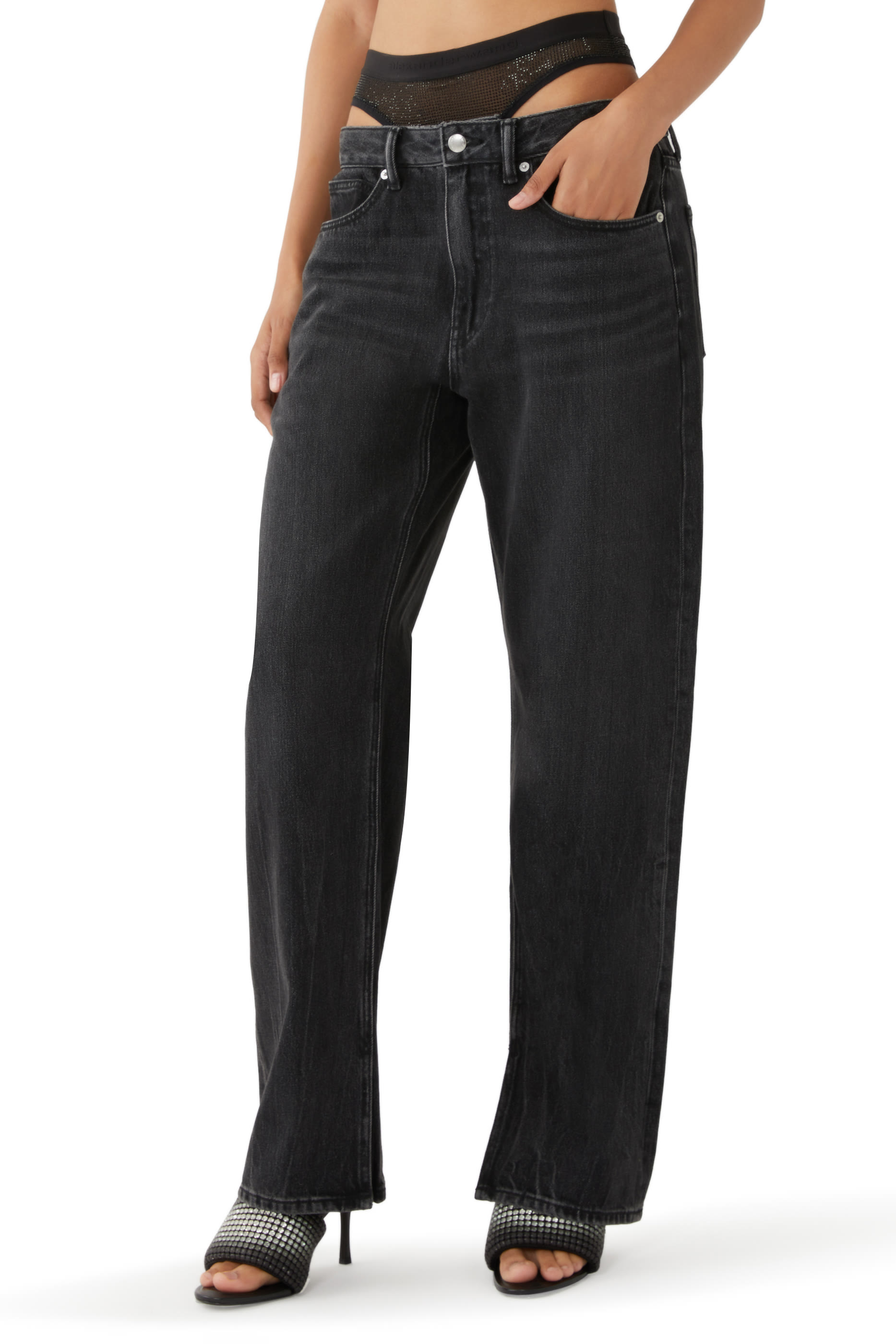 Pre-Styled Straight-Leg Slit-Hem Jeans