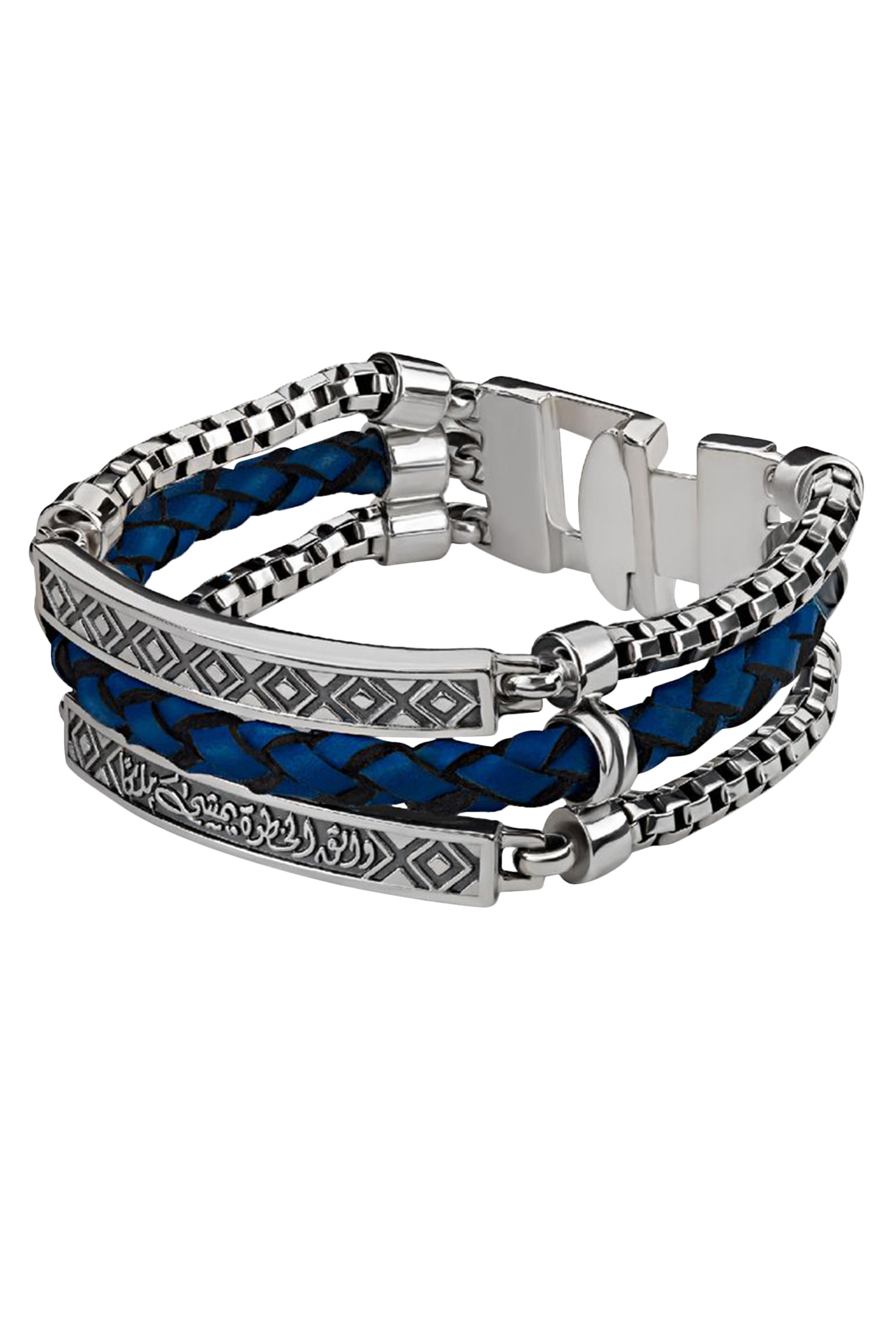 King’s Step Blue Leather Bracelet, Sterling Silver
