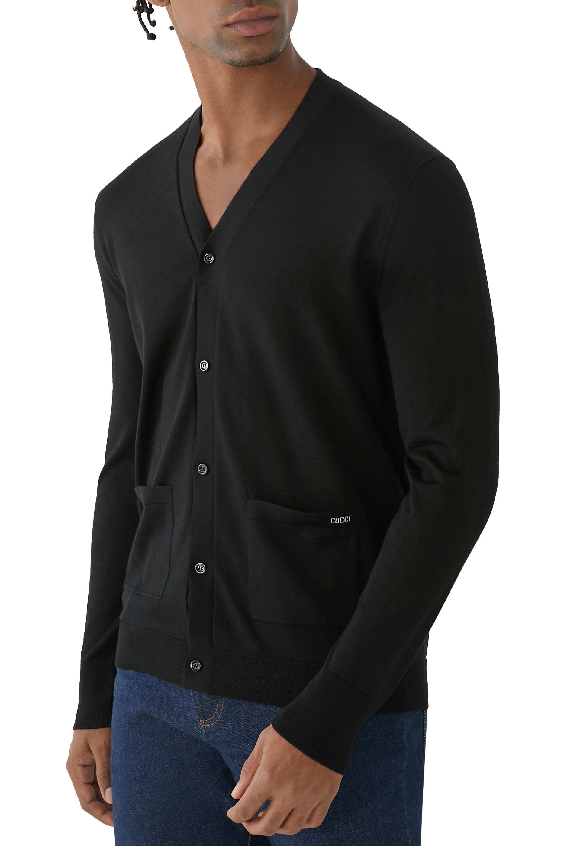 Fine Wool Knit Cardigan with Intarsia