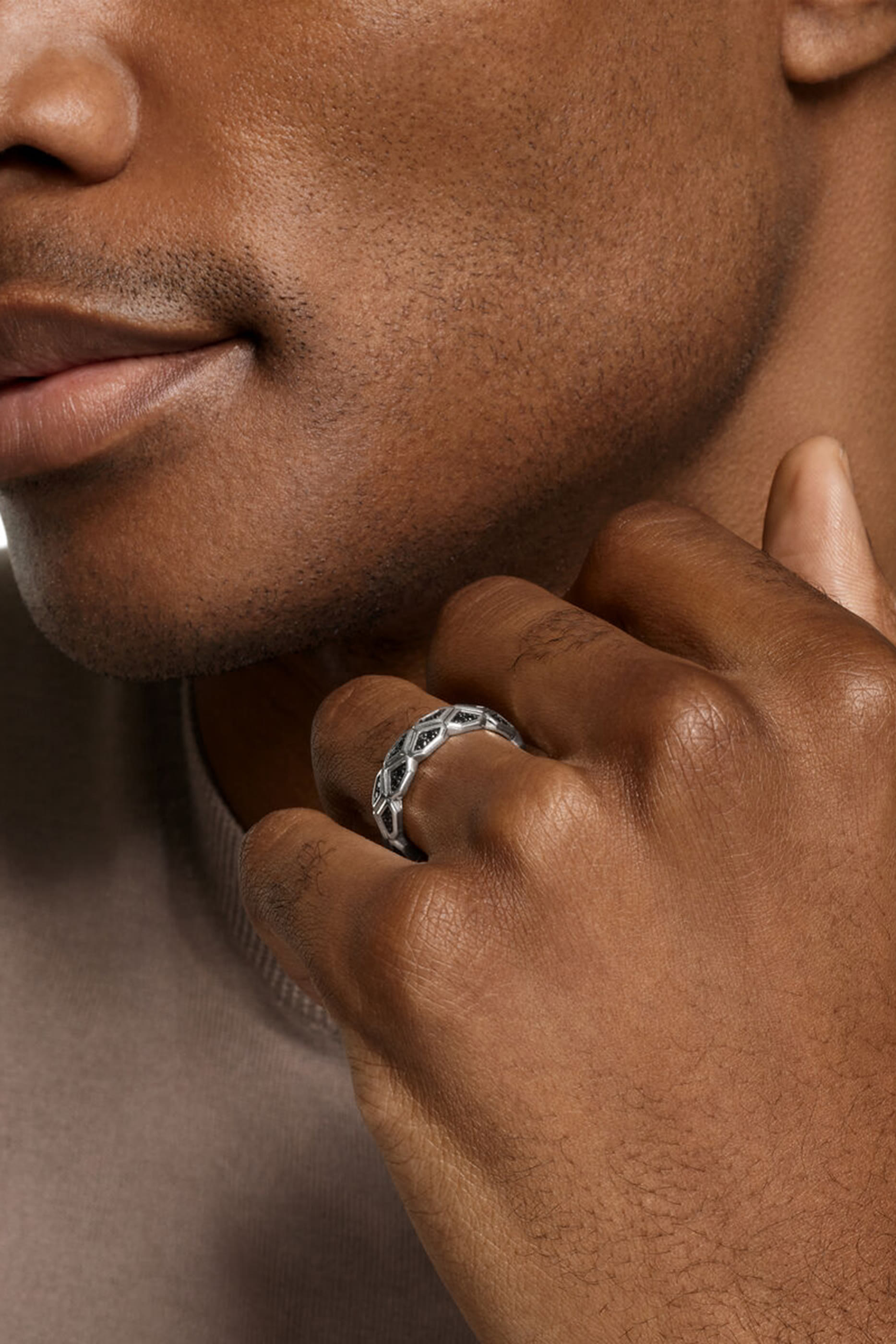 Hex Band Ring, Sterling Silver & Diamonds