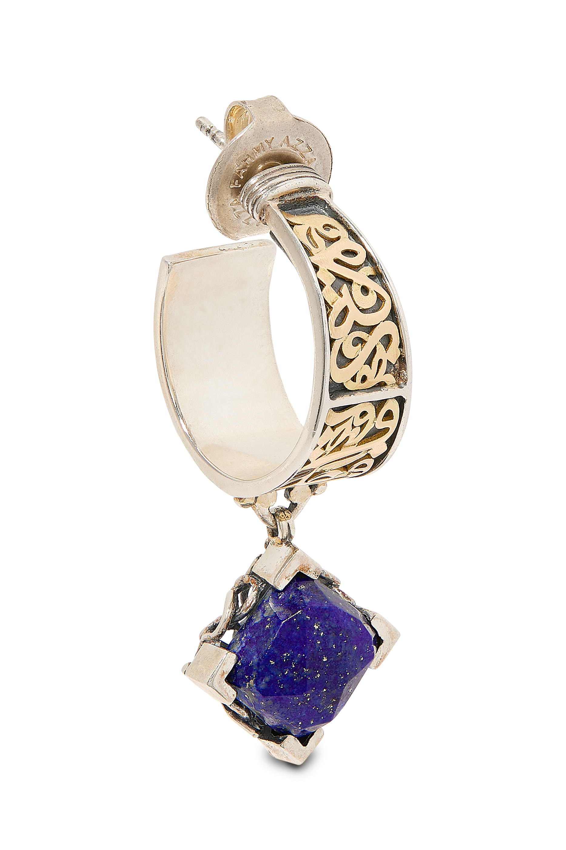 Blessing, Happiness, Safety Calligraphy Hoop Earrings, 18k Yellow Gold & Sterling Silver