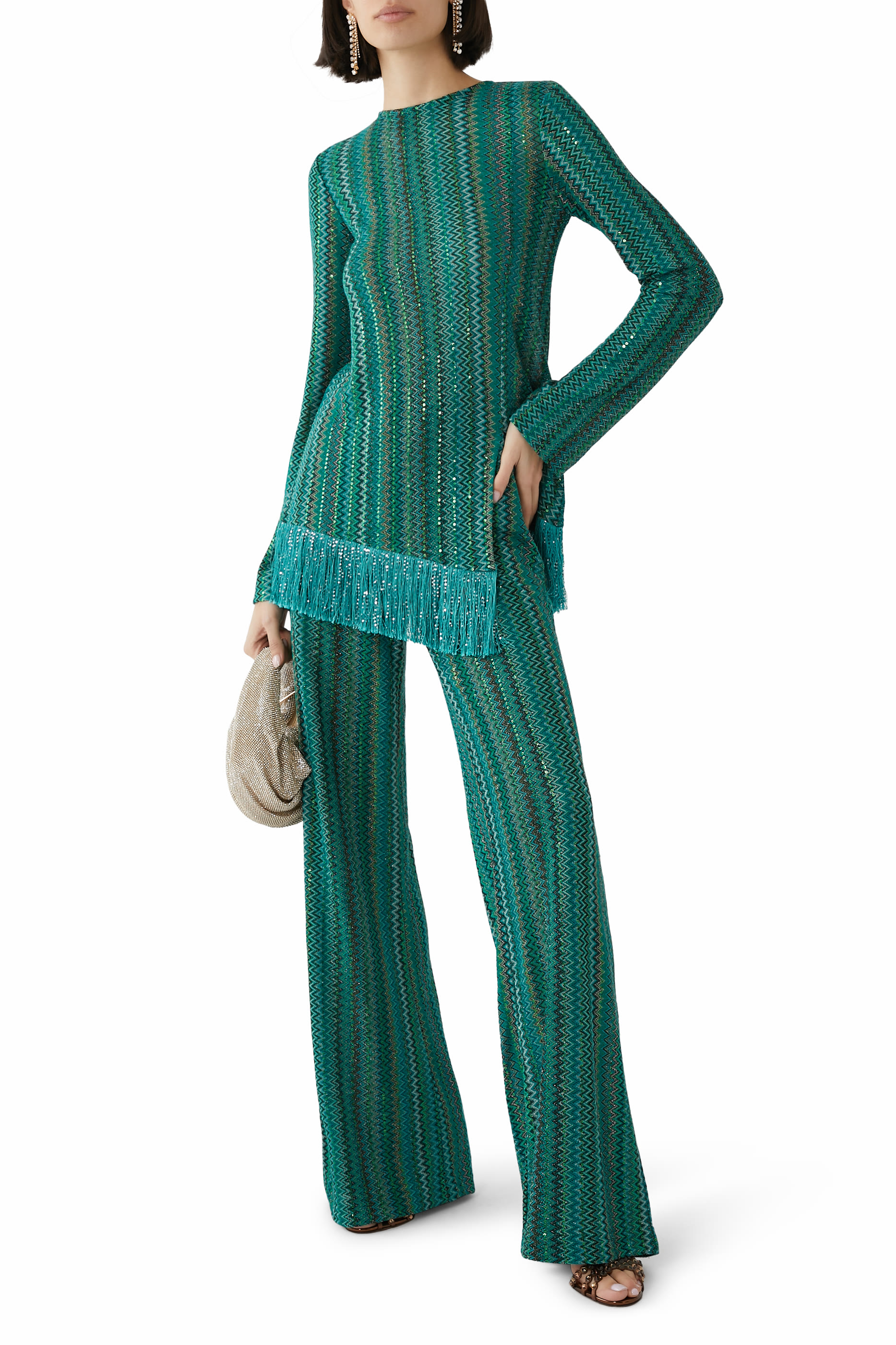 Exclusive Chevron Raschel Sequinned Asymmetrical Fringed Top