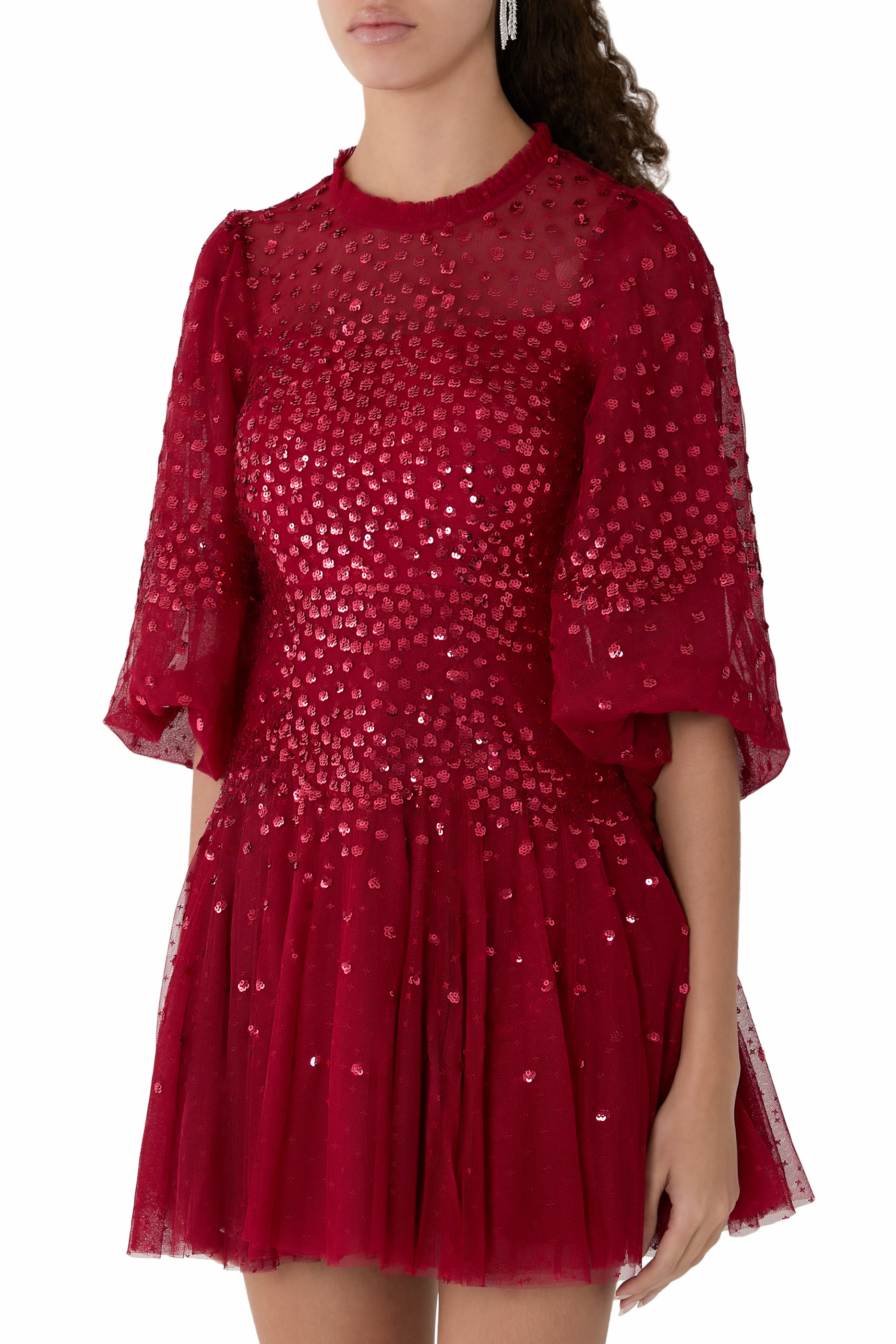 Scallop Sequin Round Neck Micro Mini Dress