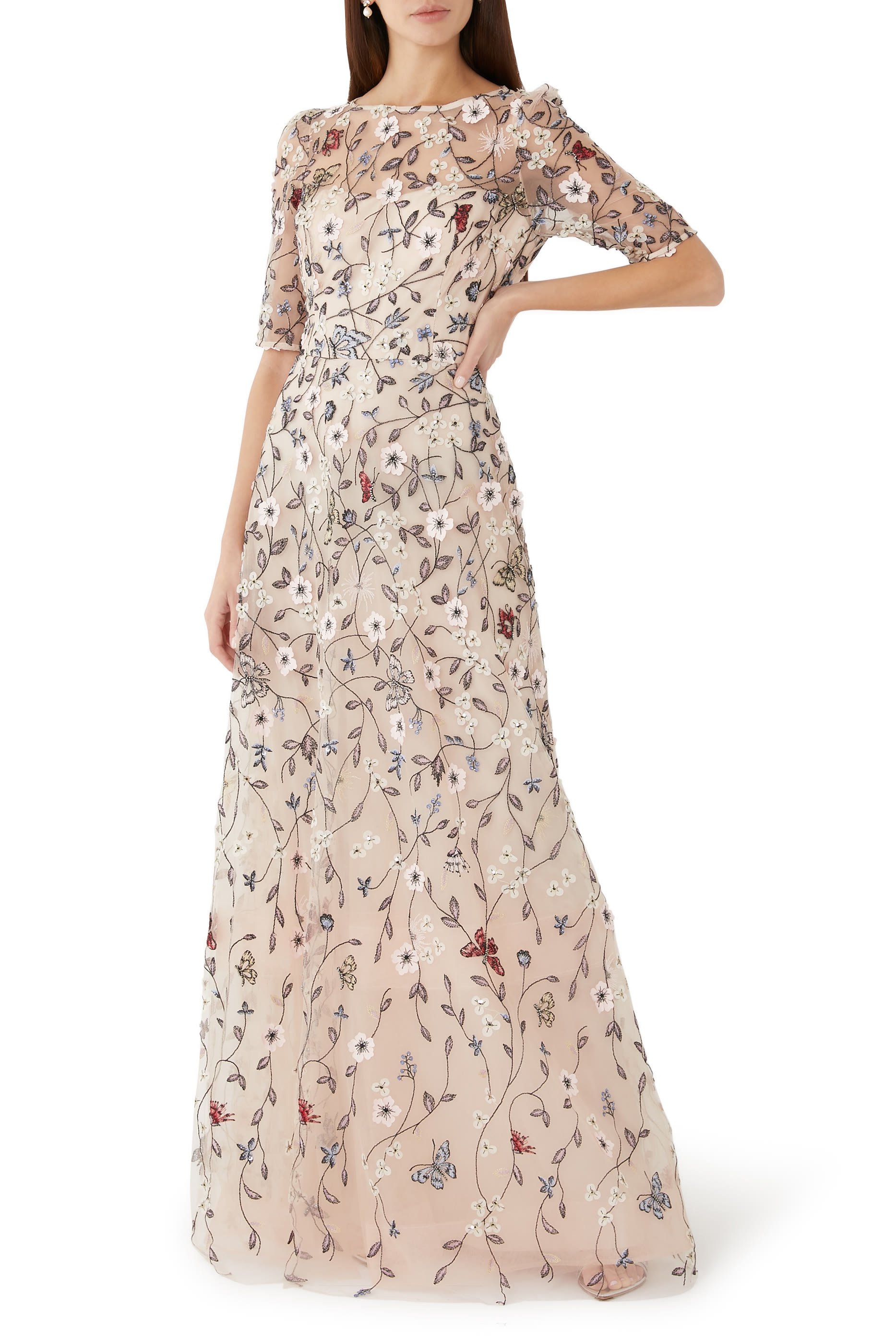 Tulle Gown With Floral Embroidery