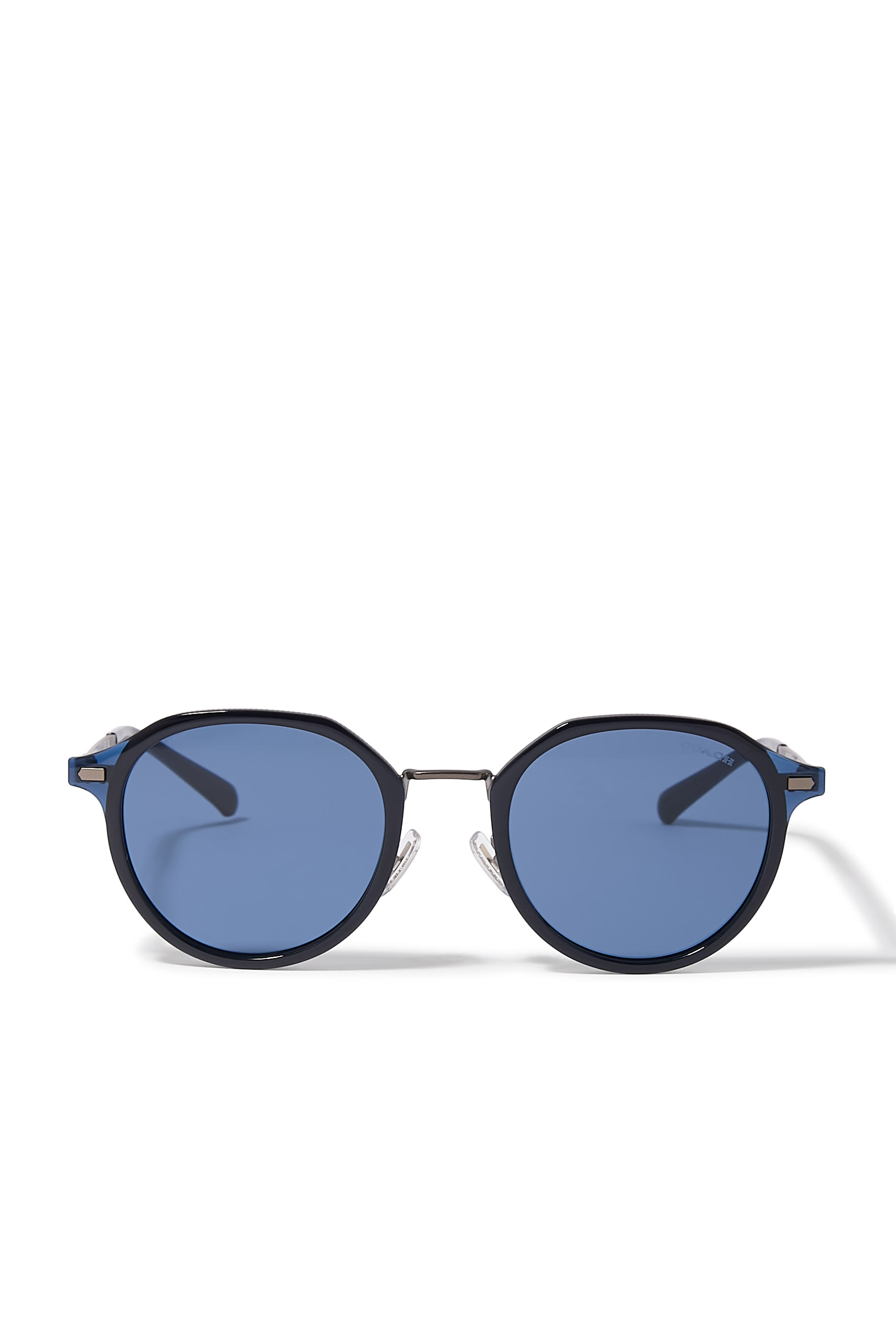 Round-Frame Metal Cross Hatch Temple Sunglasses