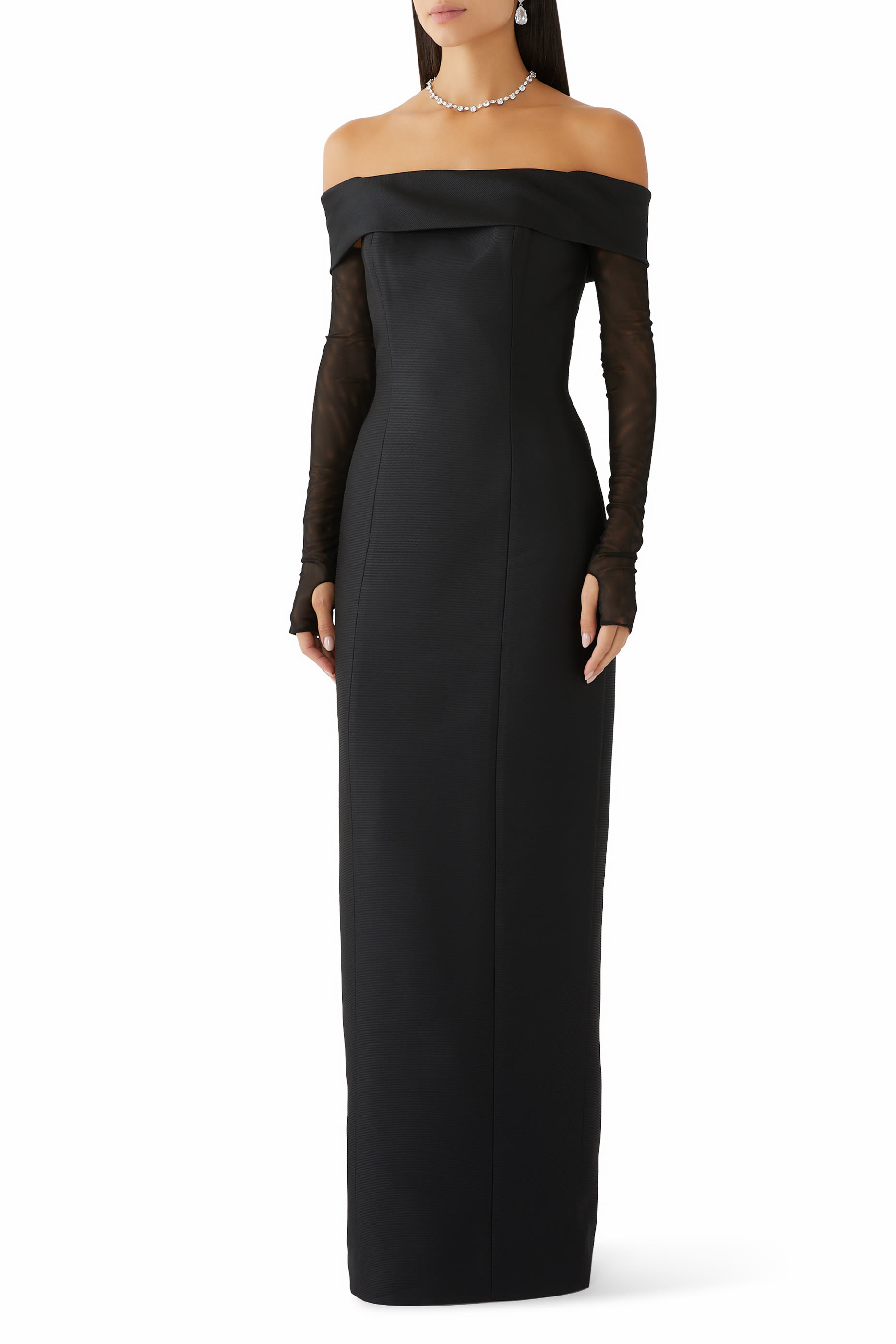 Off Shoulder Mikado Pique Gown with Tulle Sleeves