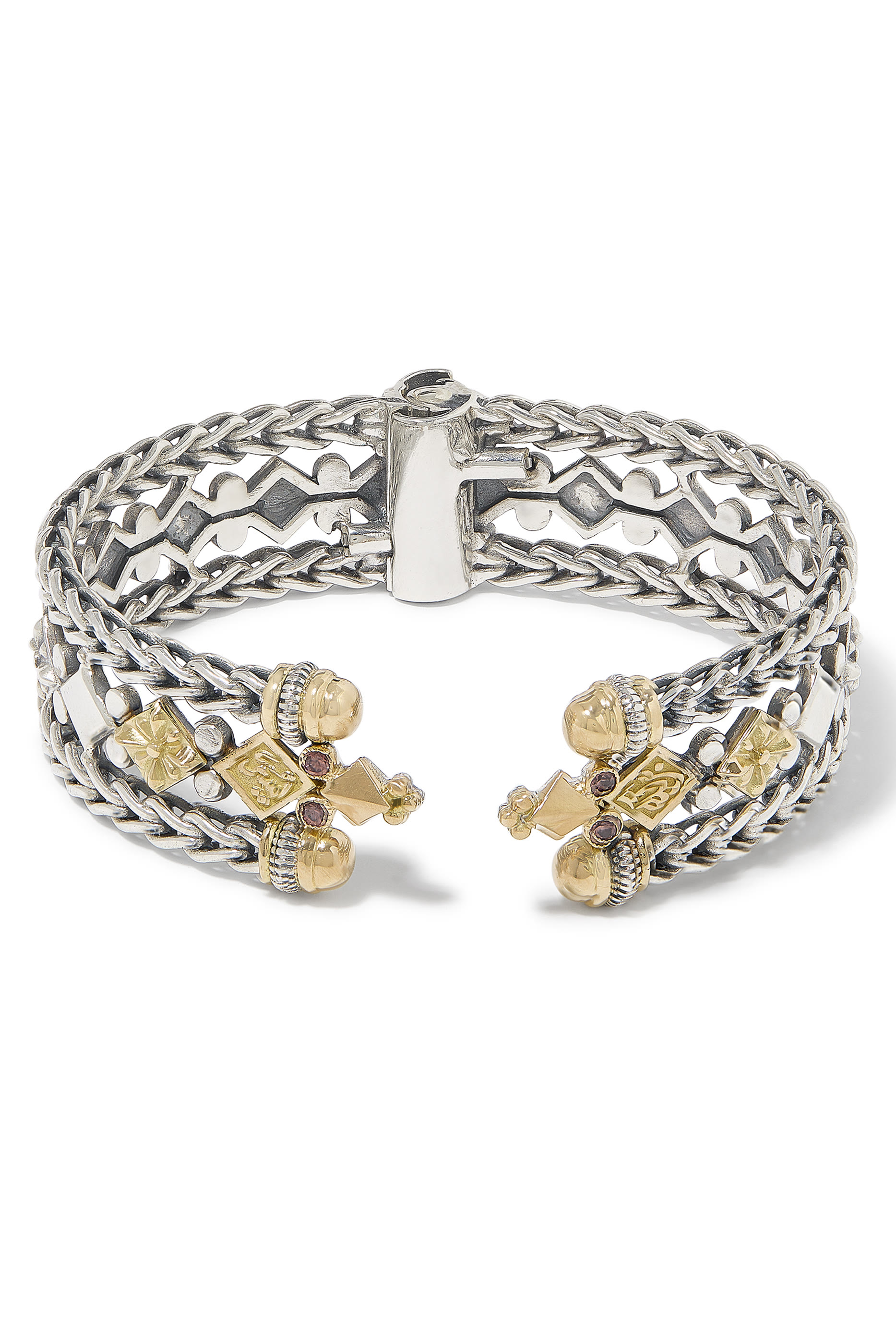 Roman Chain Bangle, 18K Gold with Sterling Silver, Brown Zircon & Rhodolite