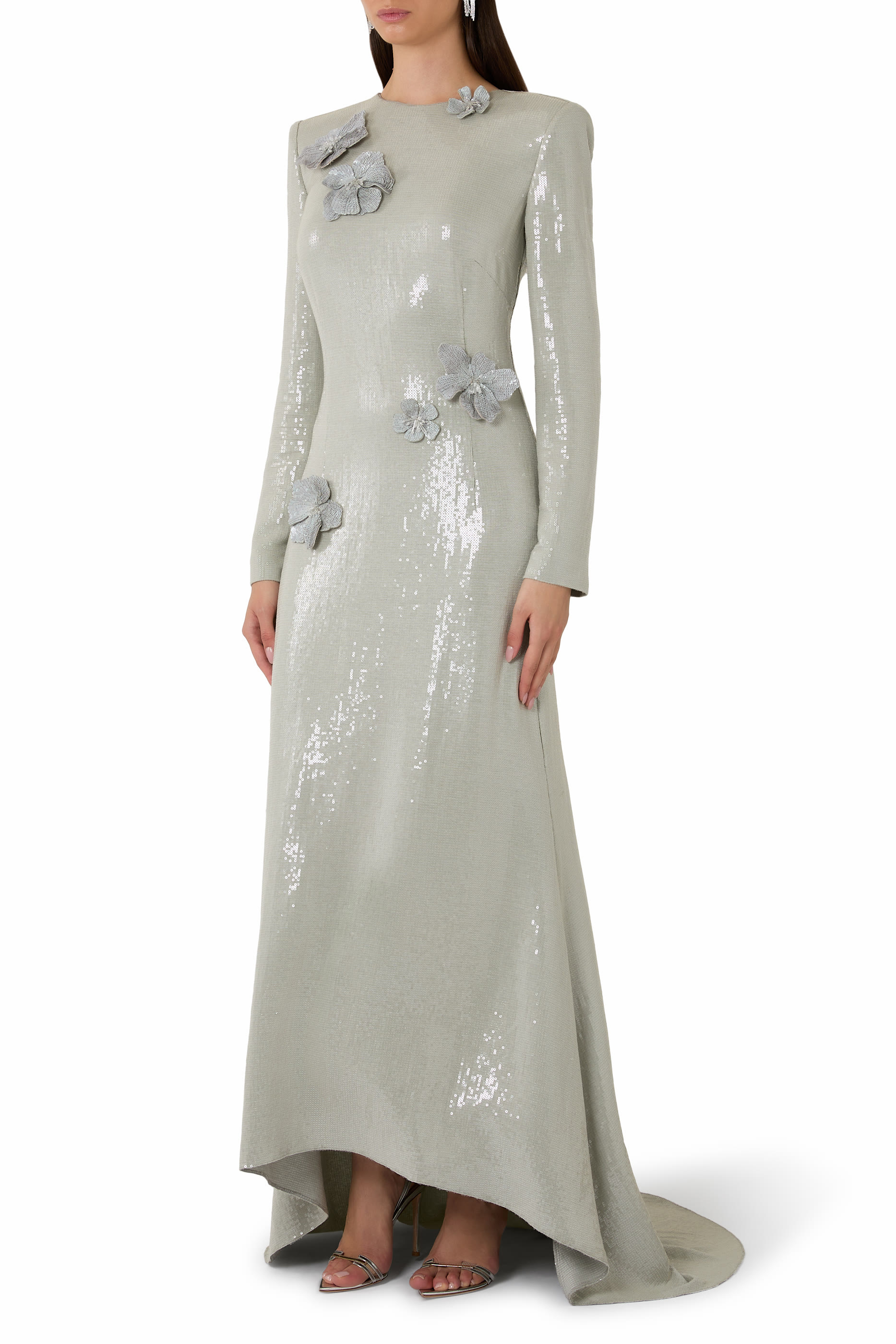 Long Sleeve Sequin Cherry Blossom Embroidered Gown 