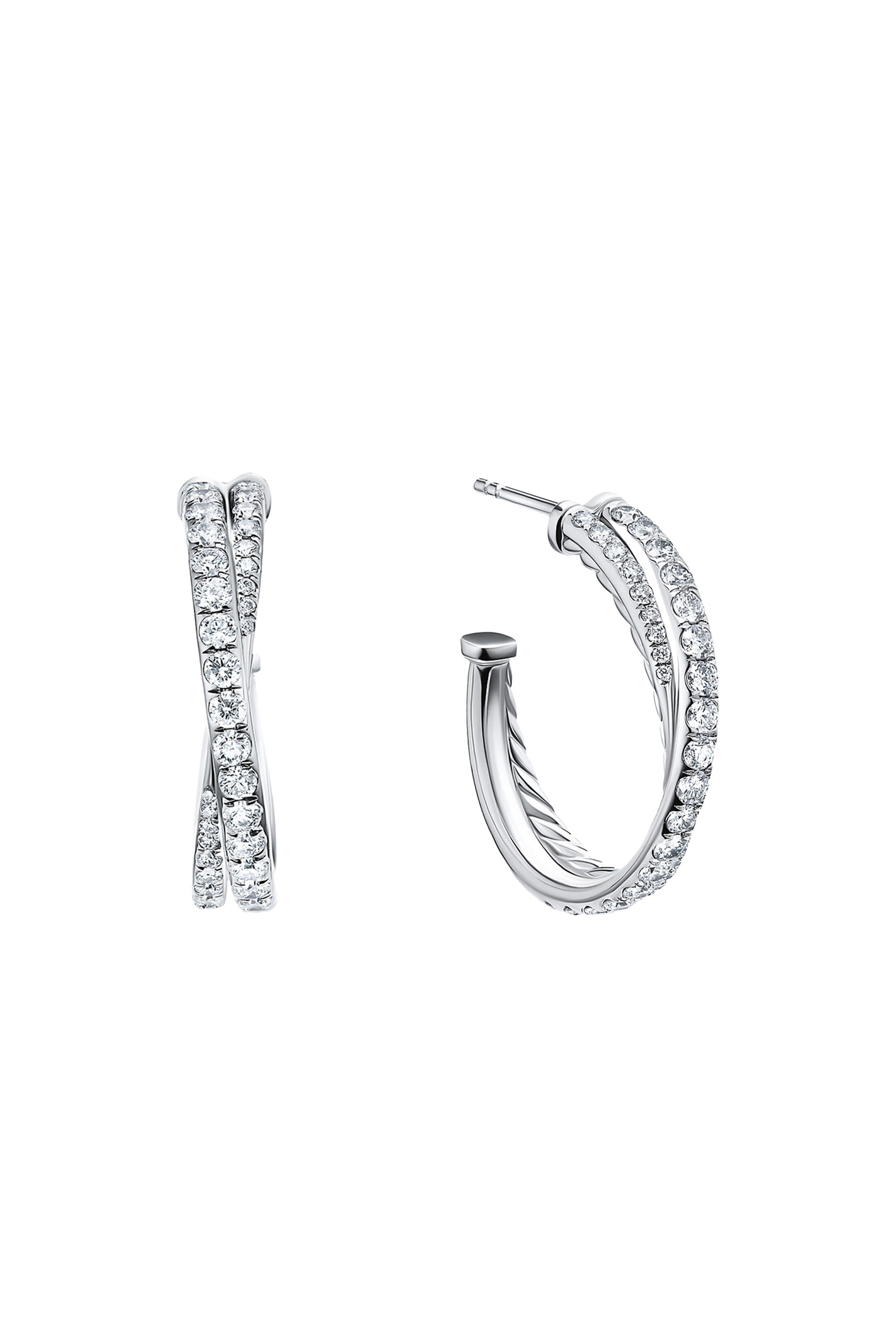 Pave Crossover Hoop Earrings, 18k White Gold & Diamonds