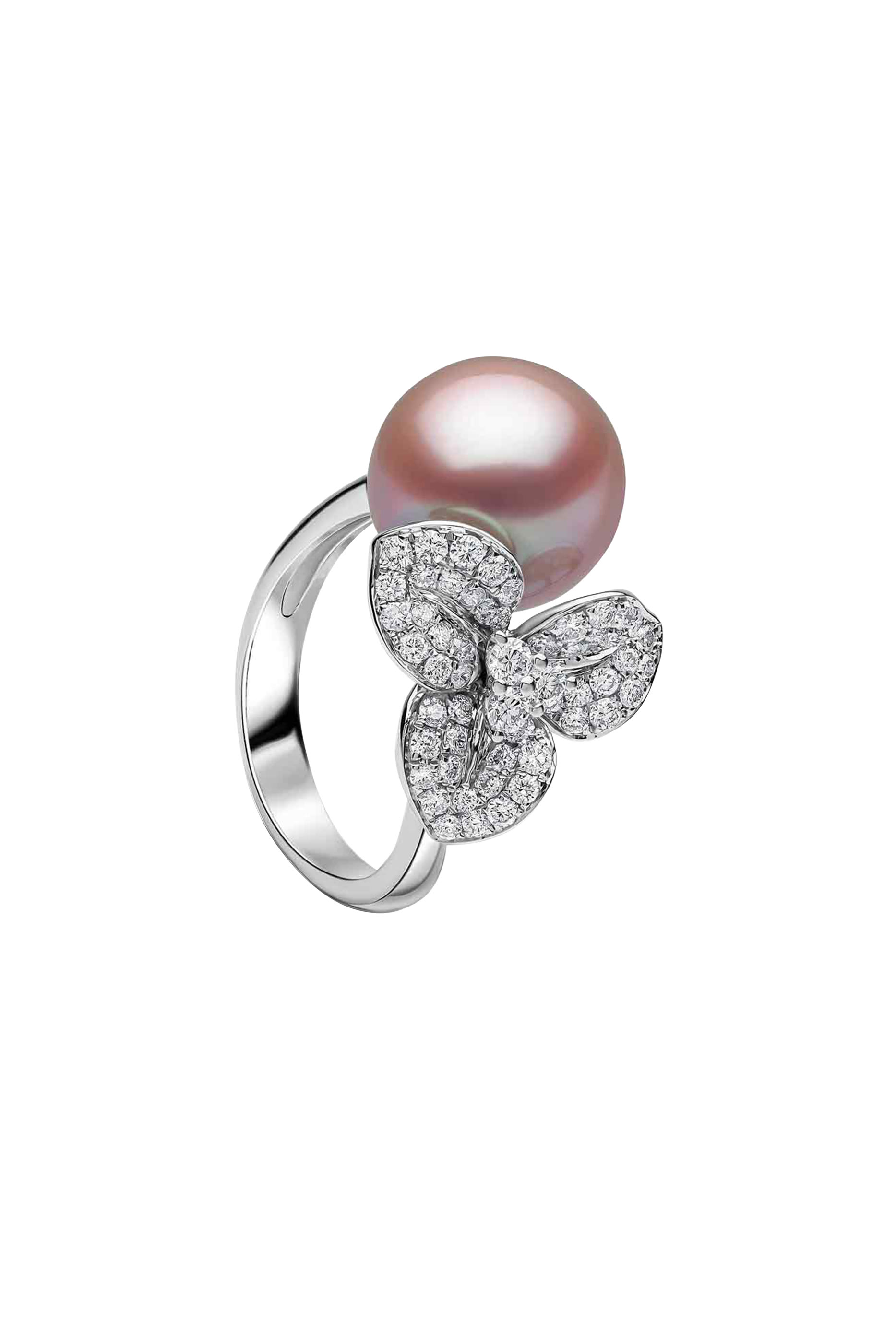 Contessa Flower Motif Ring,  18K White Gold with  Freshwater Pearl & Diamonds