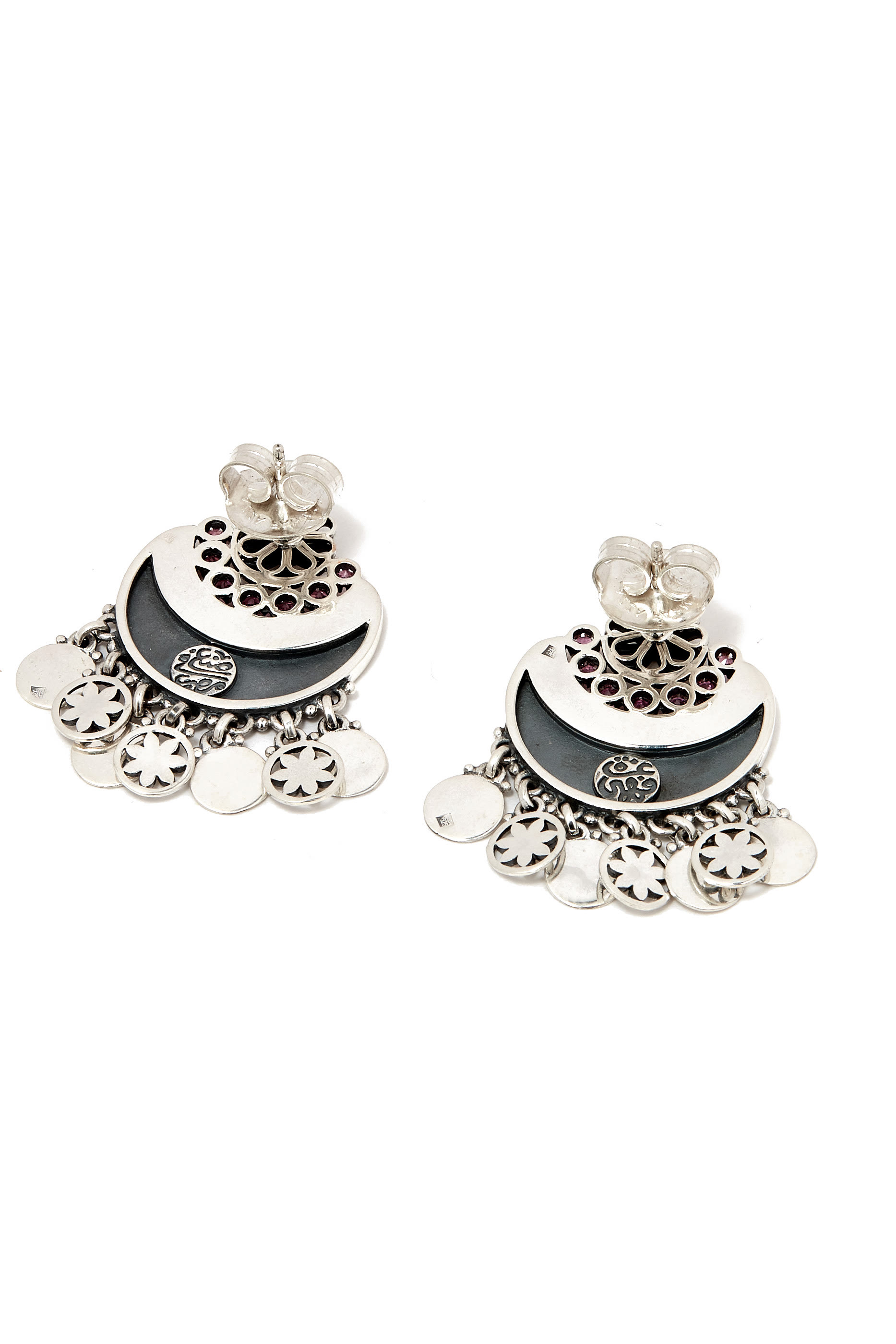 Fallahy Crescent Earrings, Sterling Silver with Rhodolite & Semi-Precious Stones