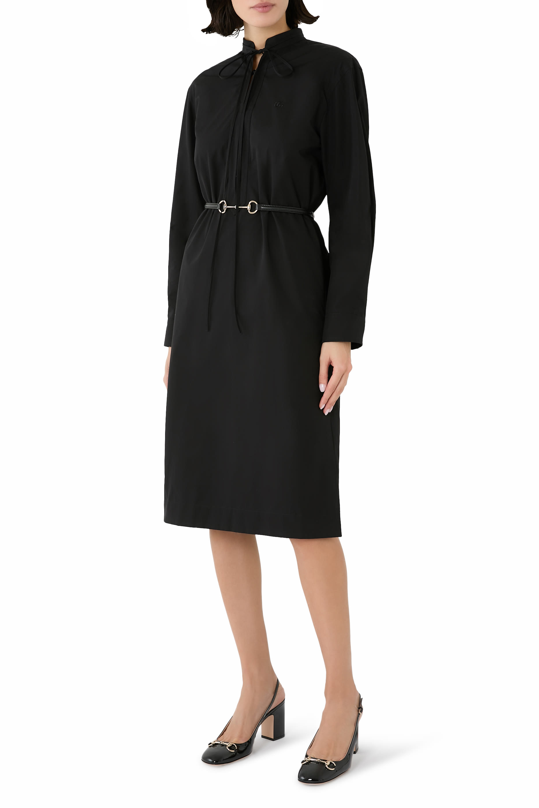 Cotton Poplin Dress with Horsebit Belt